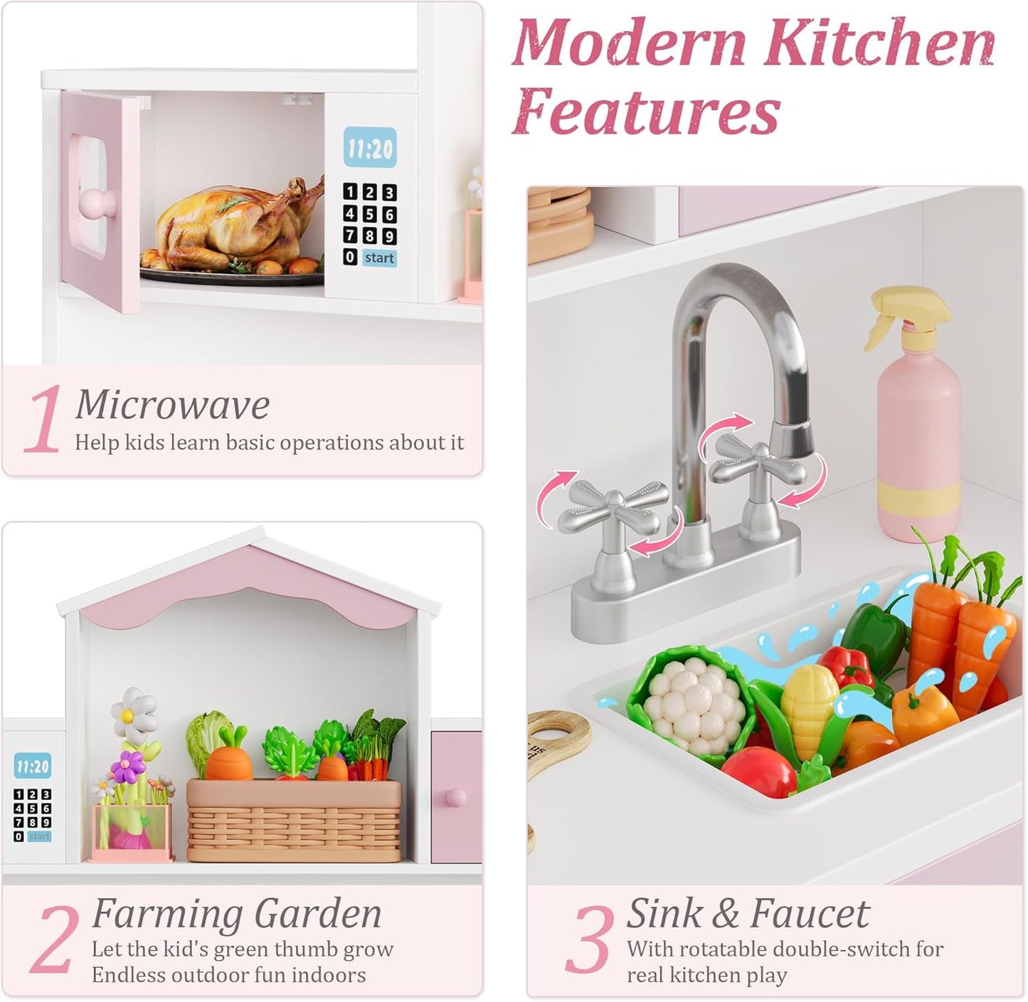 Track Seven Wooden Play Kitchen for Kids and Toddler, Toy Kitchen Playset with Plenty of Pretend Play Features and Storage Drawers, Gift for Boys and Girls, Pink