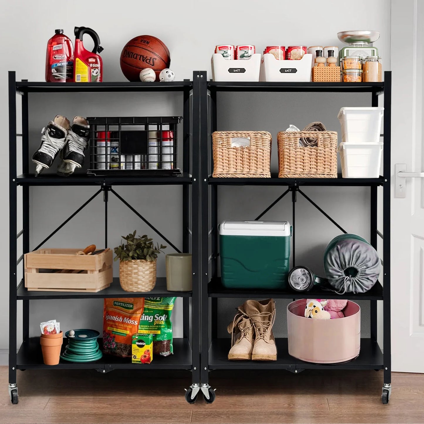 COOKCOK 4-Tier Storage Shelving Unit, Metal Shelf, Adjutable Height, Foldable Storage Shelf with Wheels, Garage Shelf, Kitchen Shelf, Side Protective, 400lbs Capacity, Black