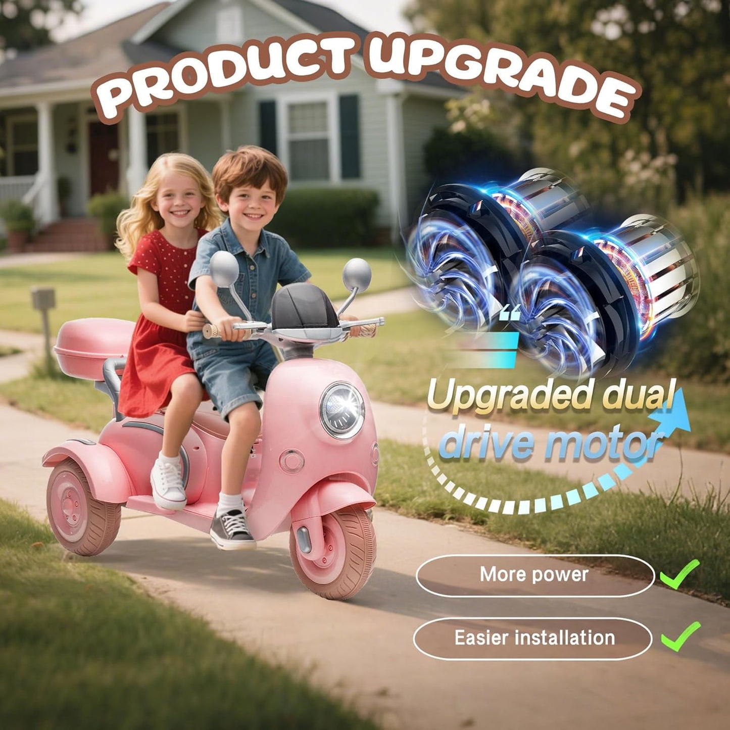 Track Seven 12V Ride on Motorcycle, 2-Seater Electric Motorcycle with Dual Motor, 3 Wheels Motorbike with Bluetooth, LED Lights, Storage Box, Front Hook, Ride on Toy Car for Boys Girls Aged 3+, Pink