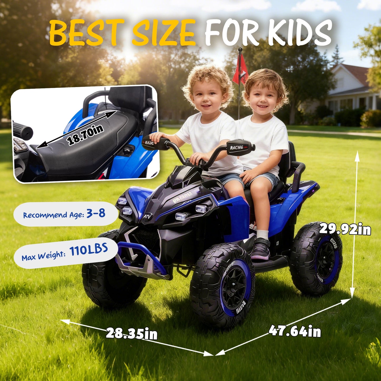 Track Seven 24V Kids Ride-On ATV, Four Wheeler Quad Electric Car with Remote, 2 Speeds, Bluetooth, LED Light, English Storytelling, Shock Absorber, Kids Electric ATV for Boys Girls Aged 3+, Blue