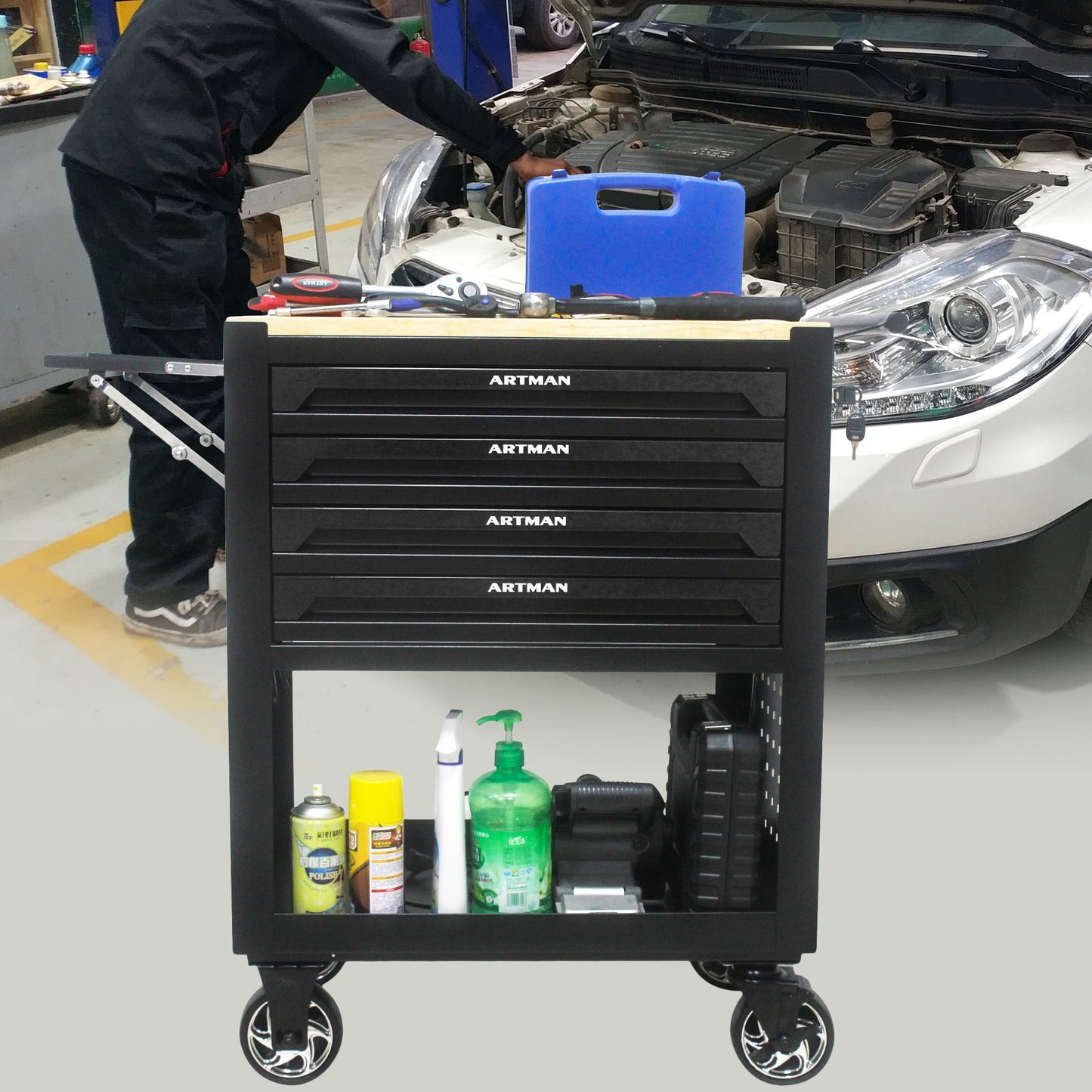 COOKCOK 4 Drawers Multifunctional Tool Cart With Wheels And Wooden Top, 30.30"L x 17.90"W x 35.40"H, Black