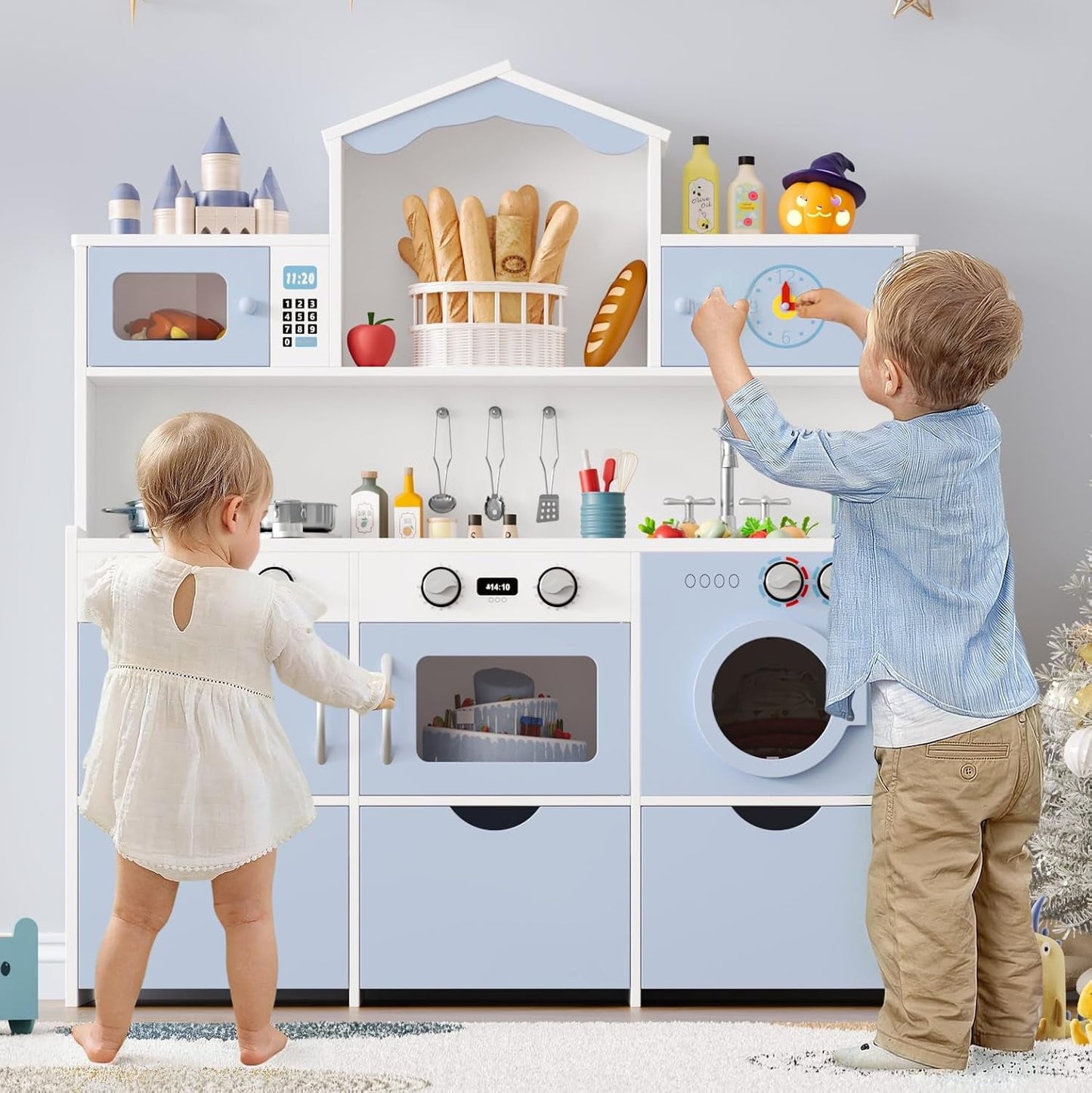 Track Seven Wooden Play Kitchen for Kids and Toddler, Toy Kitchen Playset with Plenty of Pretend Play Features and Storage Drawers, Gift for Boys and Girls, Blue