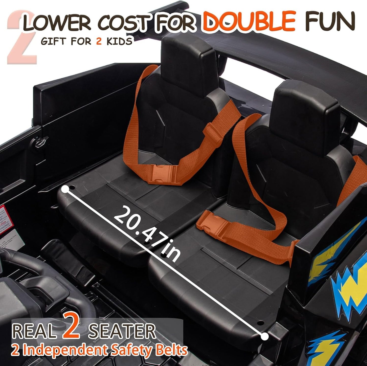 Track Seven 24V 2-Seater Ride on Car, Kids Electric Car with Remote Control, 20.4" Extra Width Seat, Bluetooth, Power Display, 24V Ride on Truck for Boys Girls Age 3+, Max Speed 6.21 mph, Black