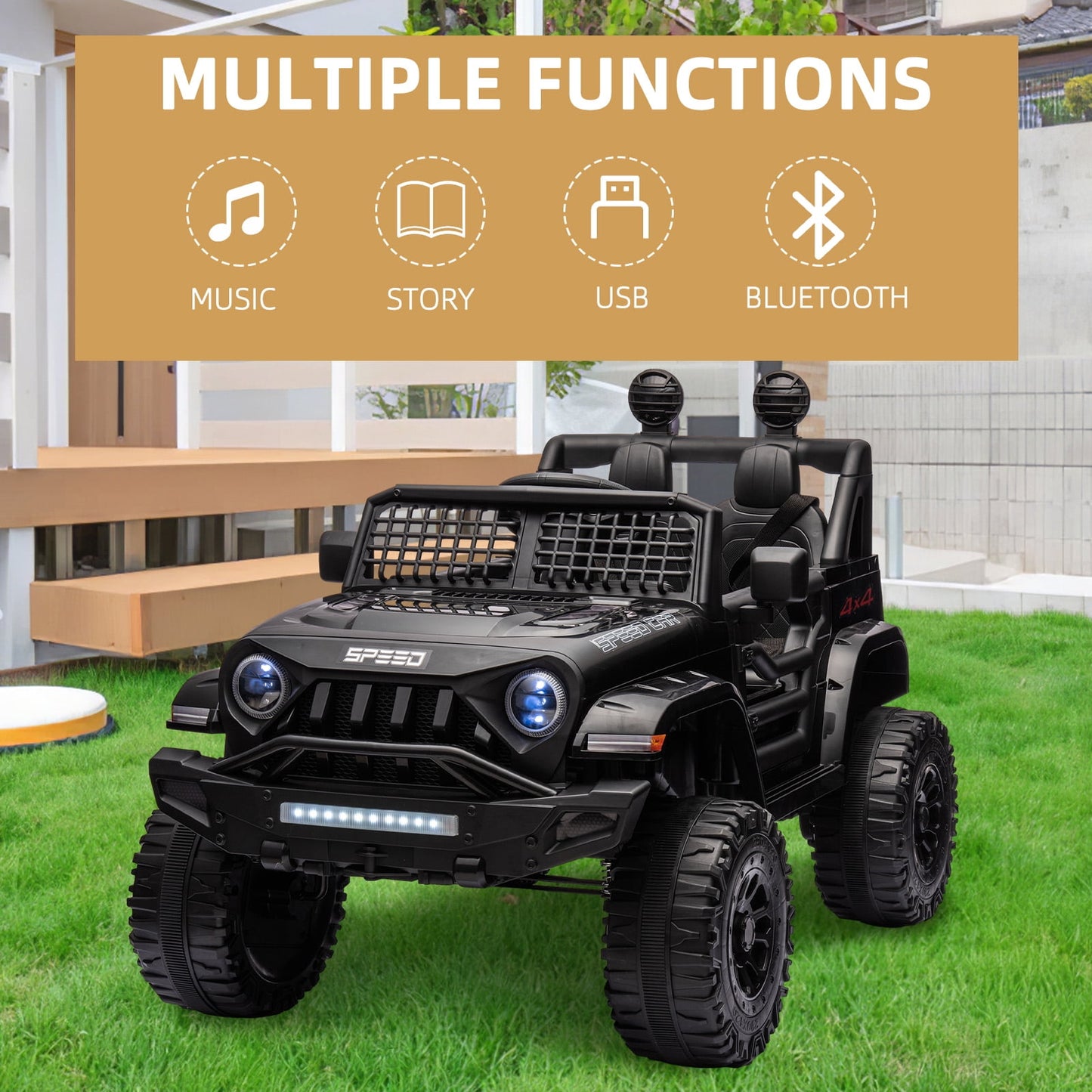 Track 7 Kids Ride on Truck, 12V Ride on Car with Remote Control, Kids Electric Car, Bluetooth, LED Lights, MP3, Black