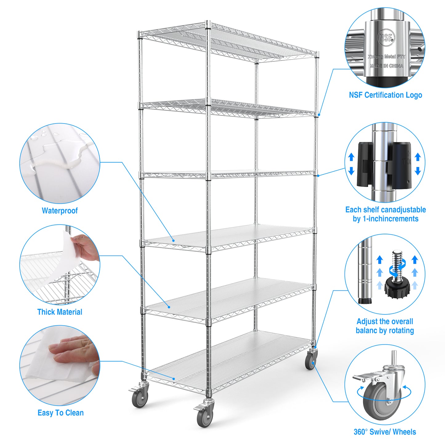 COOKCOK 6-Tier Wire Shelving Unit, Height Adjustable Metal Storage Shelf, 48" x 20" x 84.5" Garage Storage Shelves with Wheels, 700lbs Capacity, Heavy Duty Wire Rack with PE Mat, Chrome