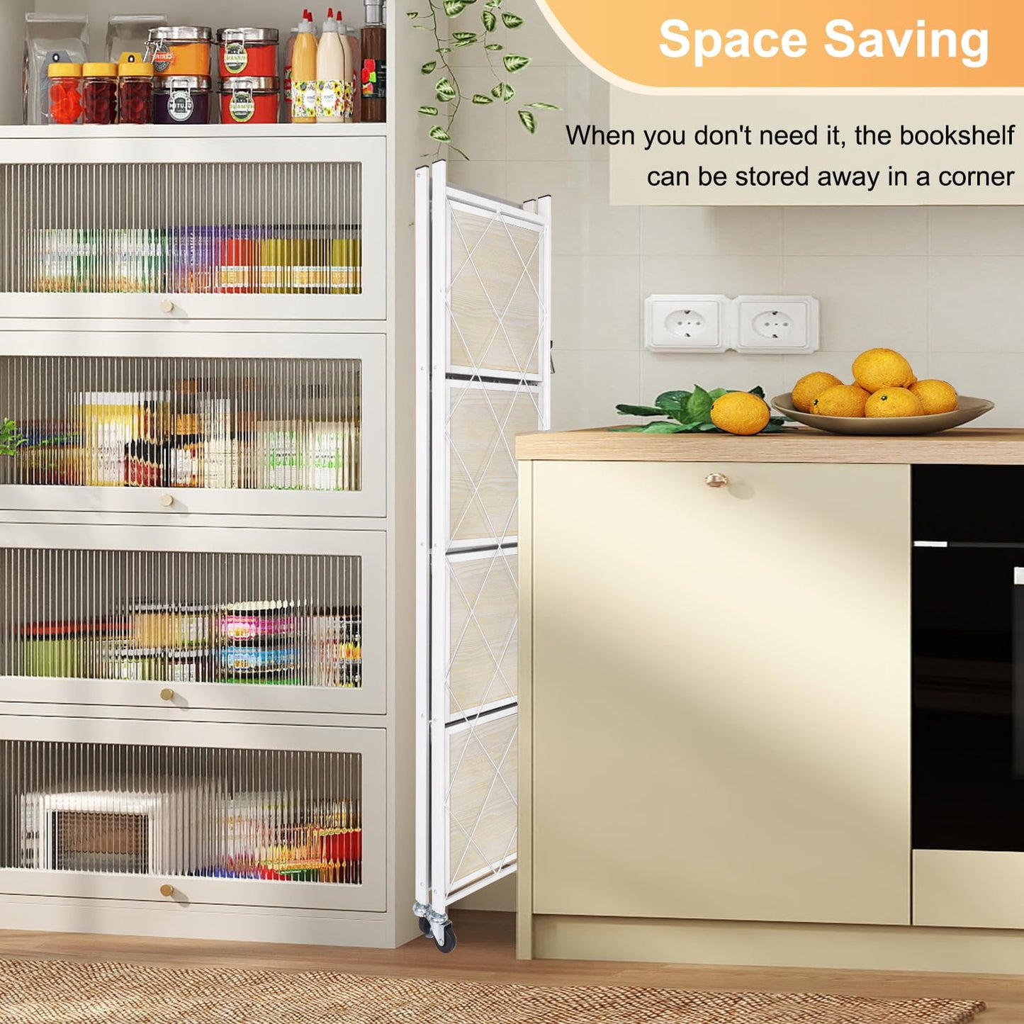 COOKCOK 5-Tier Storage Shelving Unit, Folding Bookshelf, Metal Shelf 27.9"x13.4"x62.5, Foldable Storage Shelf with Wheels, Garage Shelf, Kitchen Shelf, No Assemble Require, White