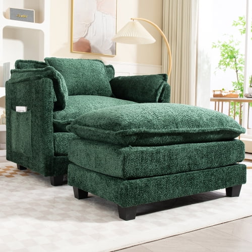 COOKCOK Oversized Accent Chair with Ottoman, Big Comfy Modular Cloud Accent Armchair for Living Room, Bedroom, Green