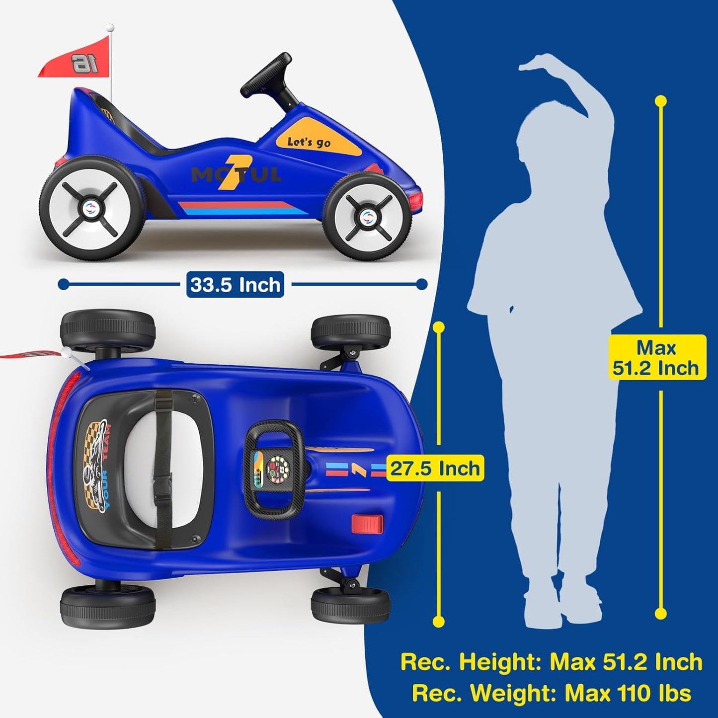 Track Seven 12V Ride on Car, Kids Electric Drifting Go Kart with Remote Control, Flashing Taillight, Bluetooth, Storytelling, Max Speed 3.7 mph, Portable Electric 4-Wheeler Car for Kids Age 3+, Blue