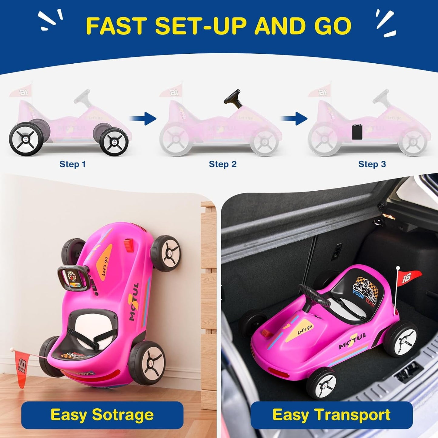 Track Seven 12V Ride on Car, Kids Electric Drifting Go Kart with Remote Control, Flashing Taillight, Bluetooth, Storytelling, Max Speed 3.7 mph, Portable Electric 4-Wheeler Car for Kids Age 3+, Pink