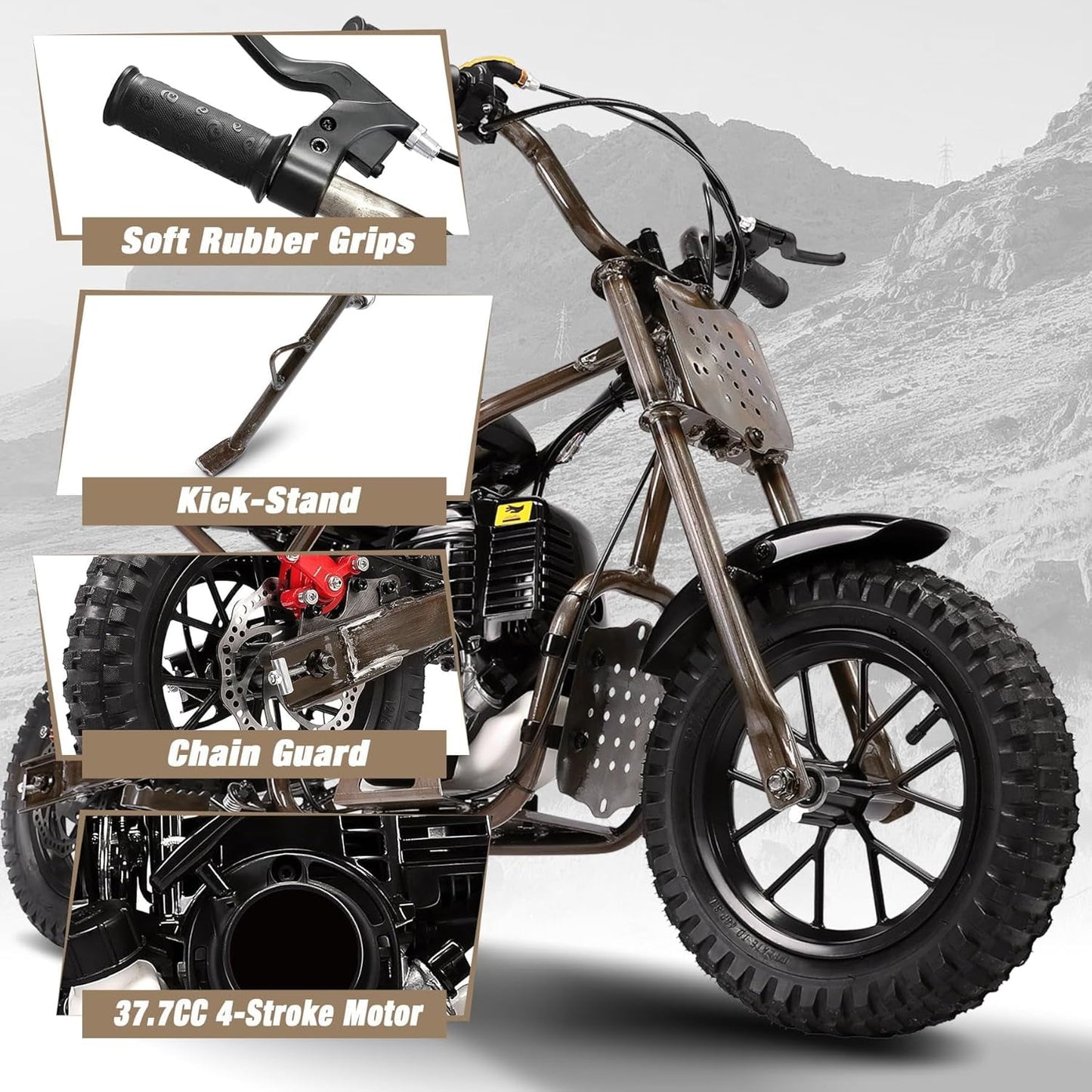 Track Seven 37.7CC 4-Stroke Dirt Bike for Kids, 1.36HP Gas Powered Off Road Trail Mini Bike, Rear Disc Brakes Motorcycles, Max Load 189 Lb, Safety Features for Ages 6+, Up to 15 MPH, Bronze