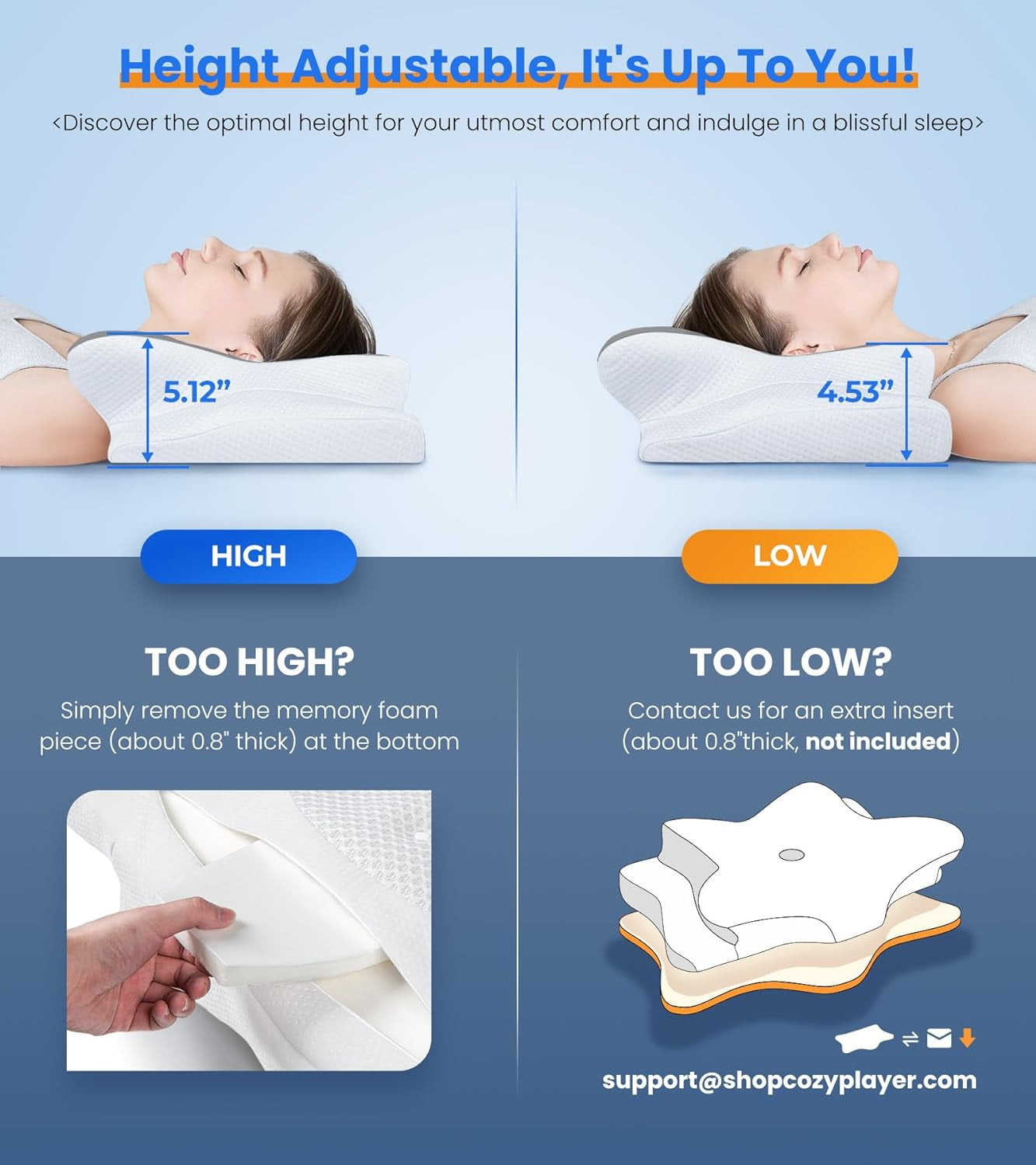 COOKCOK Pain Relief Cooling Pillow for Neck Support, Adjustable Cervical Pillow Cozy Sleeping, Odorless Ergonomic Contour Memory Foam Pillows, Orthopedic Bed Pillow for Side Back Stomach Sleeper
