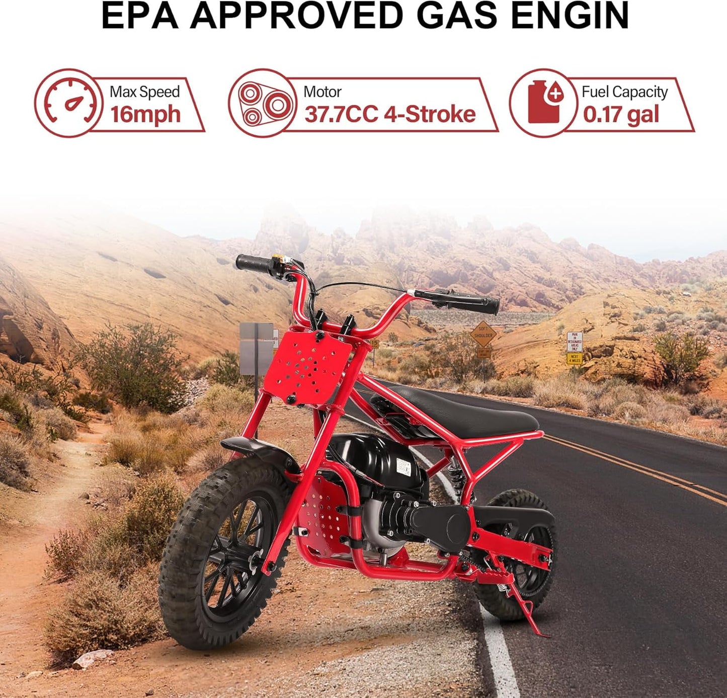 Track Seven 37.7CC 4-Stroke Dirt Mini Bike for Adult & Kids, 1.36HP Gas Powered Off Road Trail Mini Bike, Rear Disc Brakes, Max Load 189 Lb, Safety Features for Ages 6+, Up to 15 MPH, Red