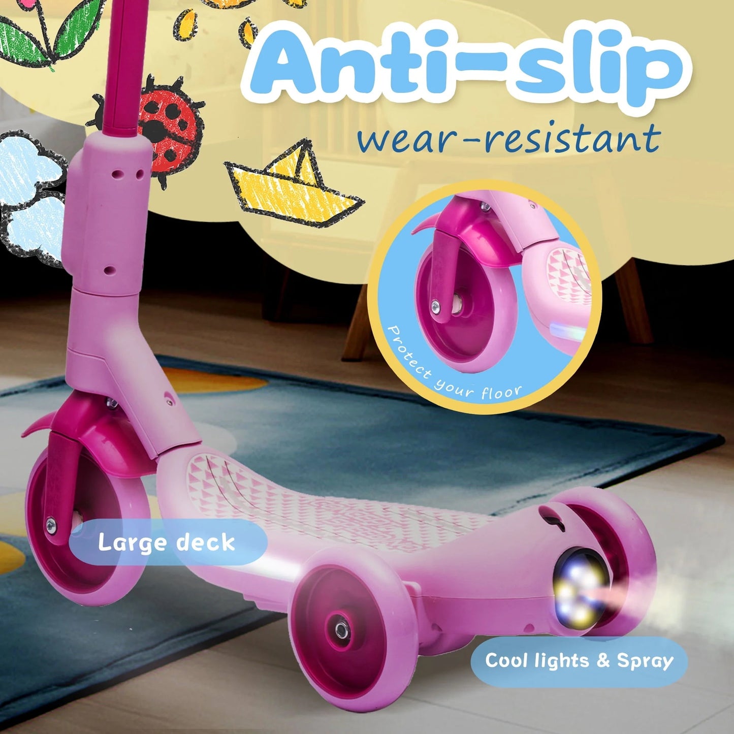 Track Seven Electric Scooter for Kids, 3 Wheels Kids Kick Scooter with Spray, LED Lights, PU Wheels, Wide Pedal, Music, Independent Light Switch, 6V Scooter for Boys Girls Toddlers Ages 3-6, Pink