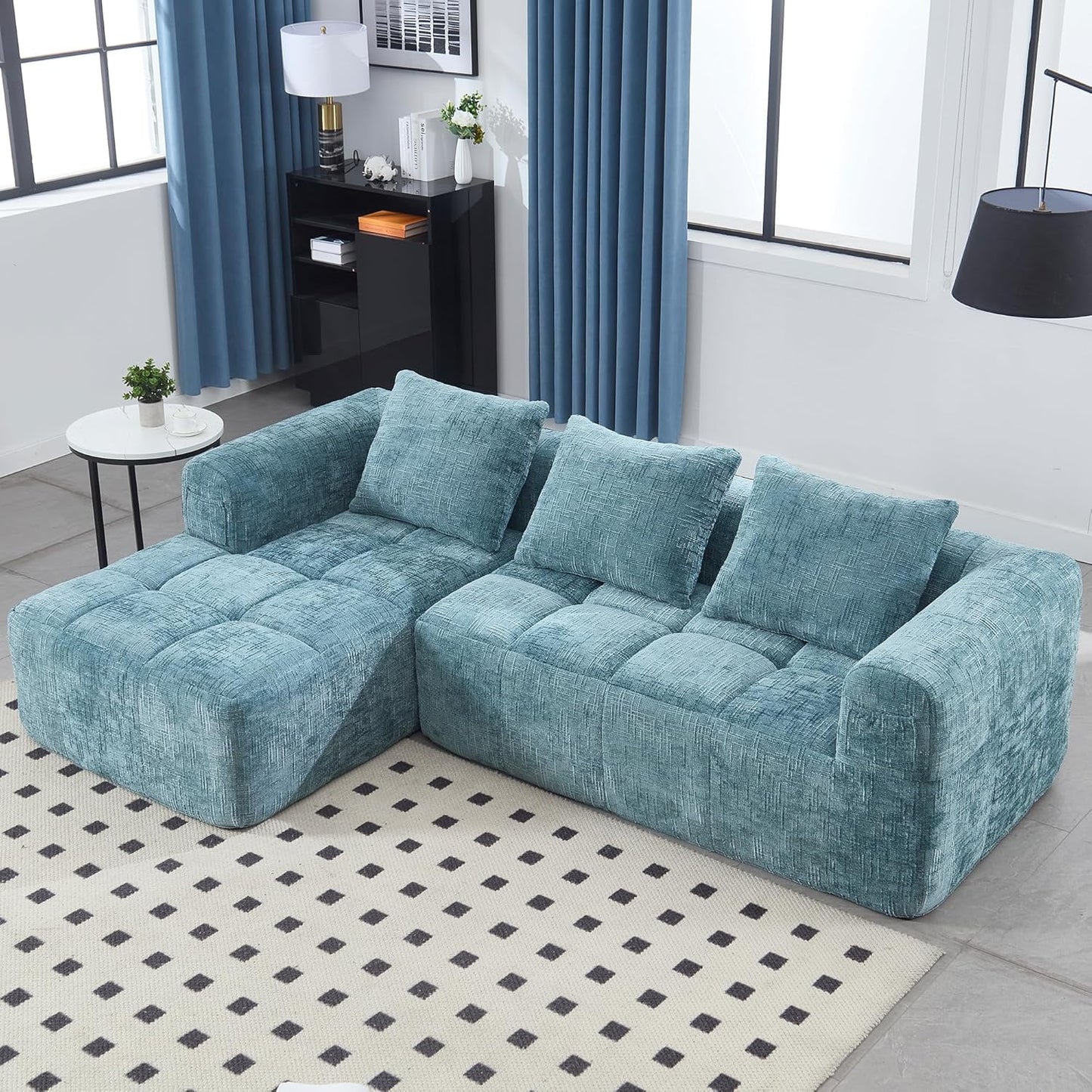 BISHE 37.5 in Modular Sectional Sofa with Chaise, Modern L-Shaped Cloud Couch, Easy Assembly, No Compression Damage, Chenille Upholstered, Deep Seat, Includes Throw Pillows, Black