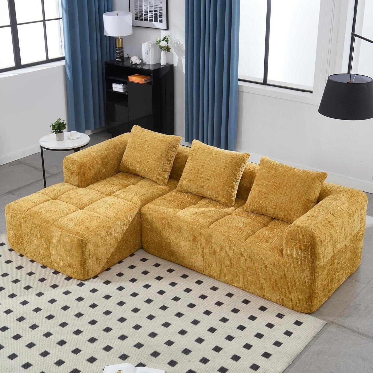 BISHE 37.5 in Modular Sectional Sofa with Chaise, Modern L-Shaped Cloud Couch, Easy Assembly, No Compression Damage, Chenille Upholstered, Deep Seat, Includes Throw Pillows, Black