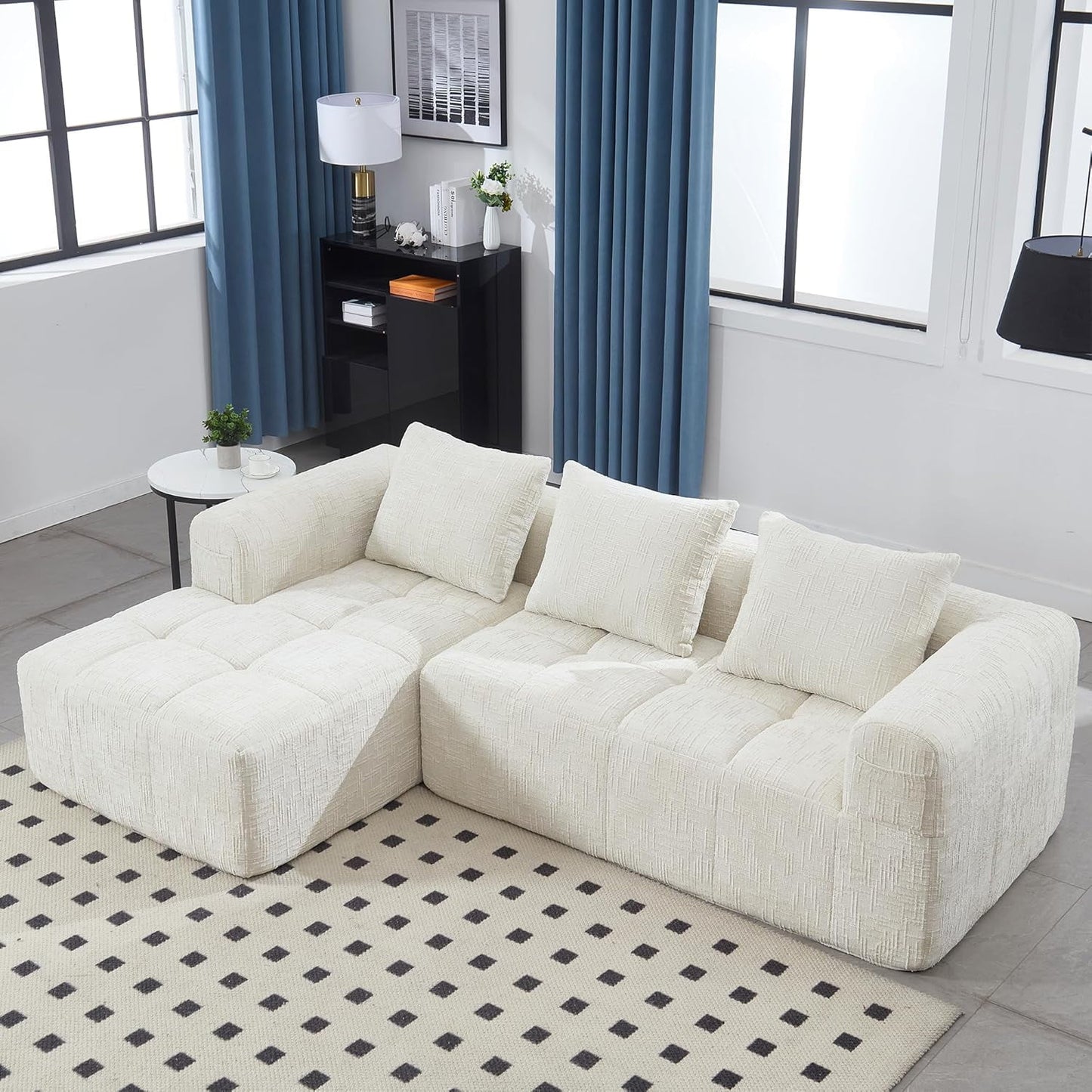 BISHE 37.5 in Modular Sectional Sofa with Chaise, Modern L-Shaped Cloud Couch, Easy Assembly, No Compression Damage, Chenille Upholstered, Deep Seat, Includes Throw Pillows, Black