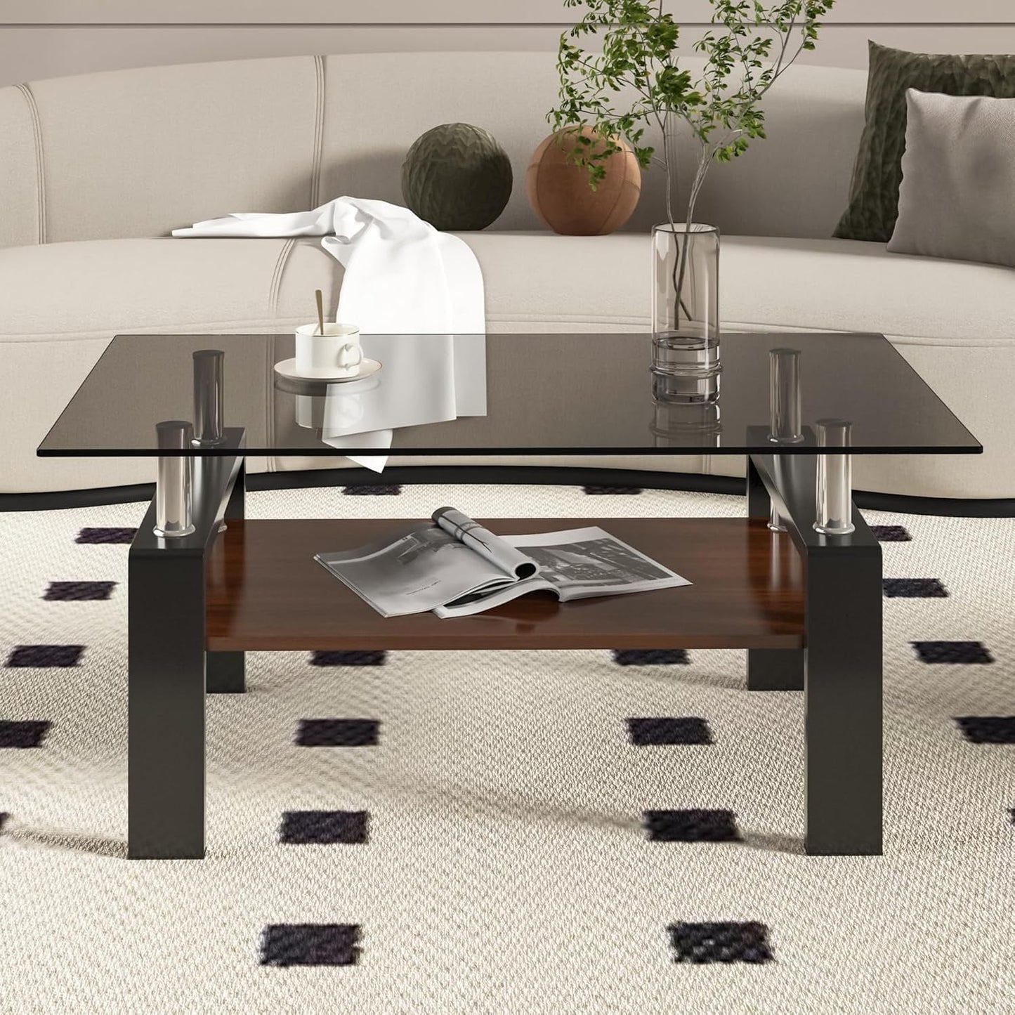 BISHE Glass Coffee Table, Rectangular Modern Design, Tempered Brown Glass Tabletop, White MDF Layer, Sturdy Living Room Center Table, Perfect for Office or Lounge in 36" x 20" Size, Gray+Brown