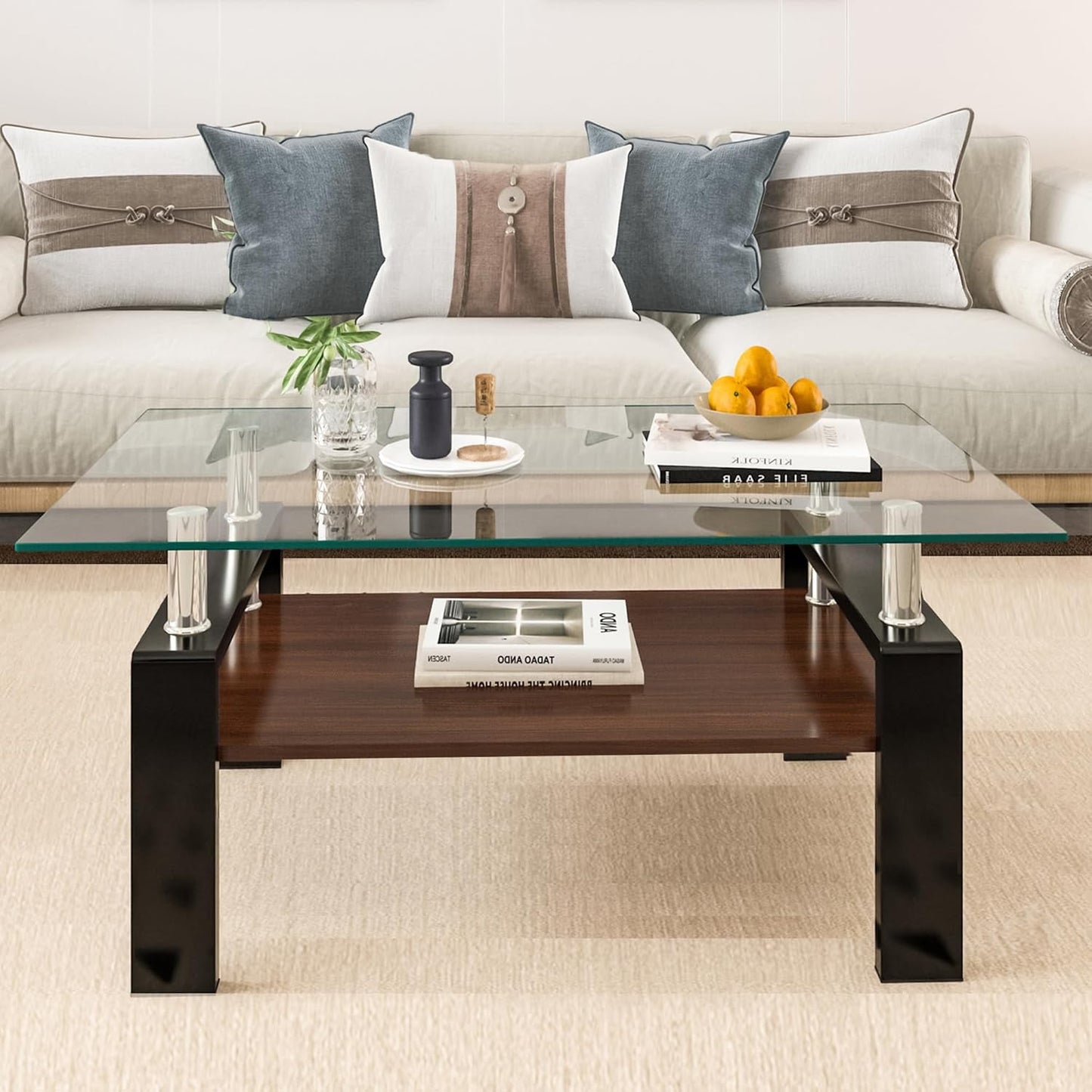 BISHE Glass Coffee Table, Rectangular Modern Design, Tempered Brown Glass Tabletop, White MDF Layer, Sturdy Living Room Center Table, Perfect for Office or Lounge in 36" x 20" Size, Gray+Brown