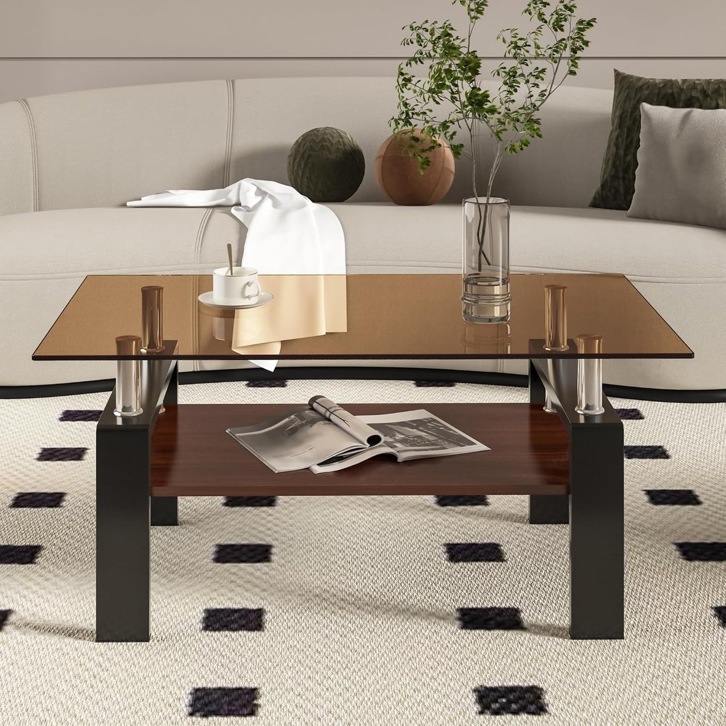 BISHE Glass Coffee Table, Rectangular Modern Design, Tempered Brown Glass Tabletop, White MDF Layer, Sturdy Living Room Center Table, Perfect for Office or Lounge in 36" x 20" Size, Gray+Brown