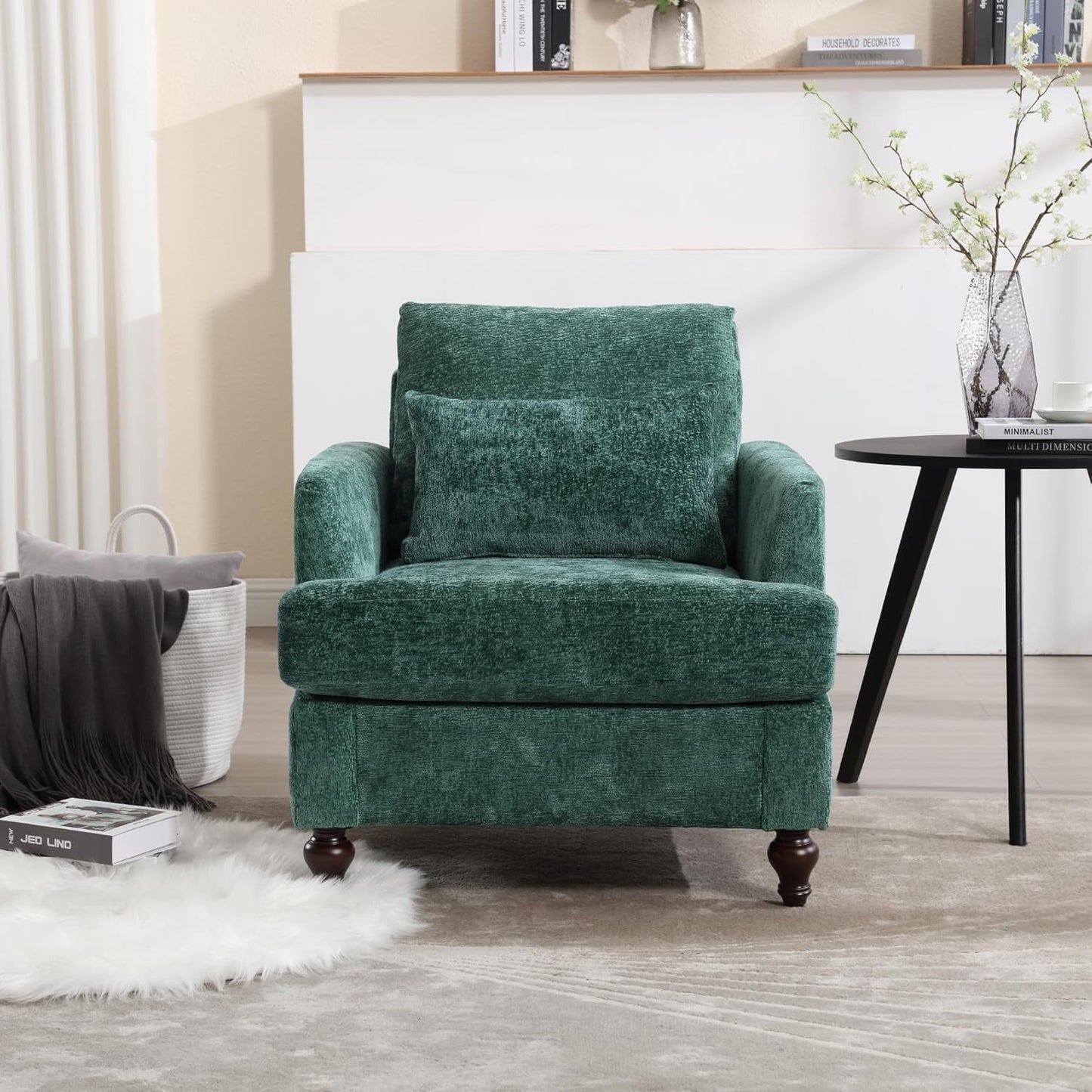 BISHE Mid Century Modern Armchair, Solid Wood Frame Accent Chair with Tufted Chenille Upholstery & Studded Details, Comfortable Lounge Chair for Living Room, Bedroom or Reading Nook, Beige