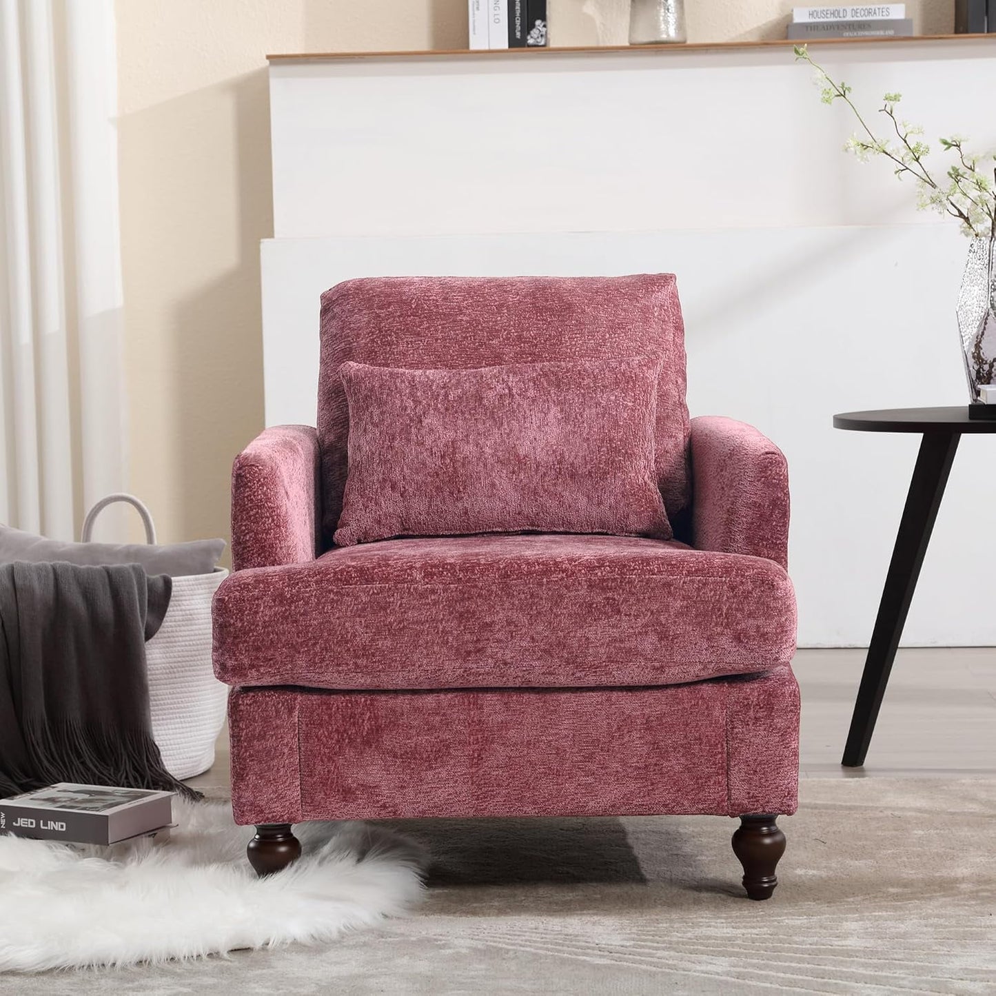 BISHE Mid Century Modern Armchair, Solid Wood Frame Accent Chair with Tufted Chenille Upholstery & Studded Details, Comfortable Lounge Chair for Living Room, Bedroom or Reading Nook, Beige