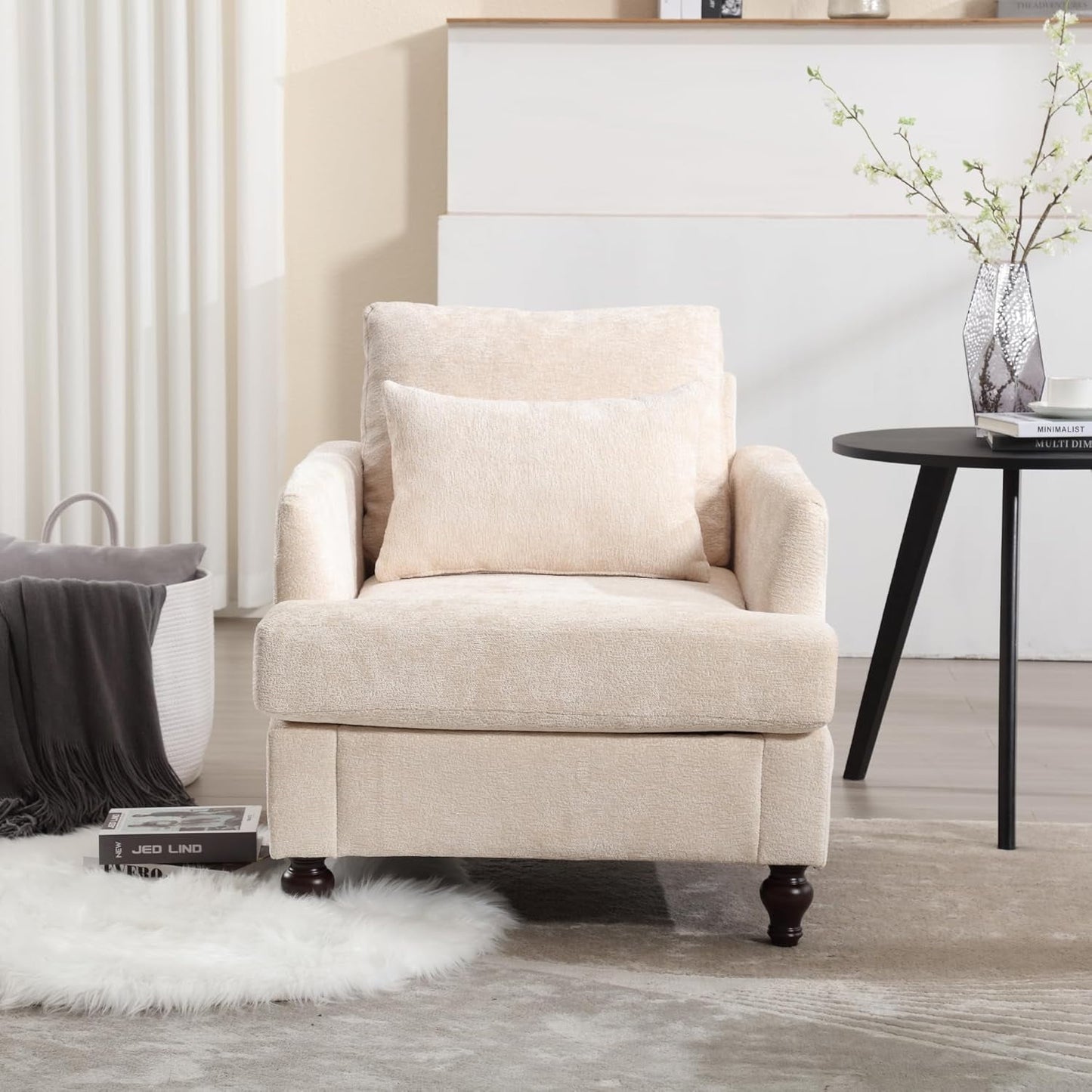 BISHE Mid Century Modern Armchair, Solid Wood Frame Accent Chair with Tufted Chenille Upholstery & Studded Details, Comfortable Lounge Chair for Living Room, Bedroom or Reading Nook, Beige