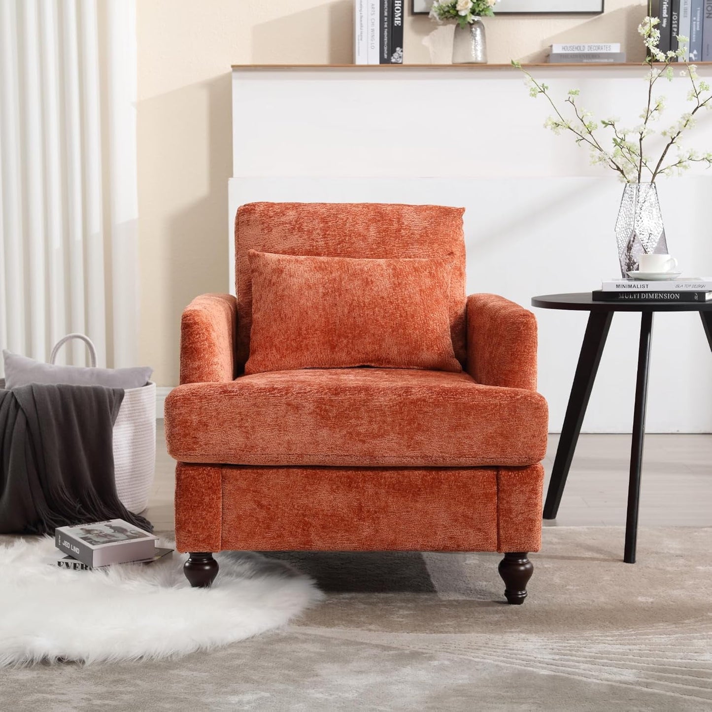 BISHE Mid Century Modern Armchair, Solid Wood Frame Accent Chair with Tufted Chenille Upholstery & Studded Details, Comfortable Lounge Chair for Living Room, Bedroom or Reading Nook, Beige