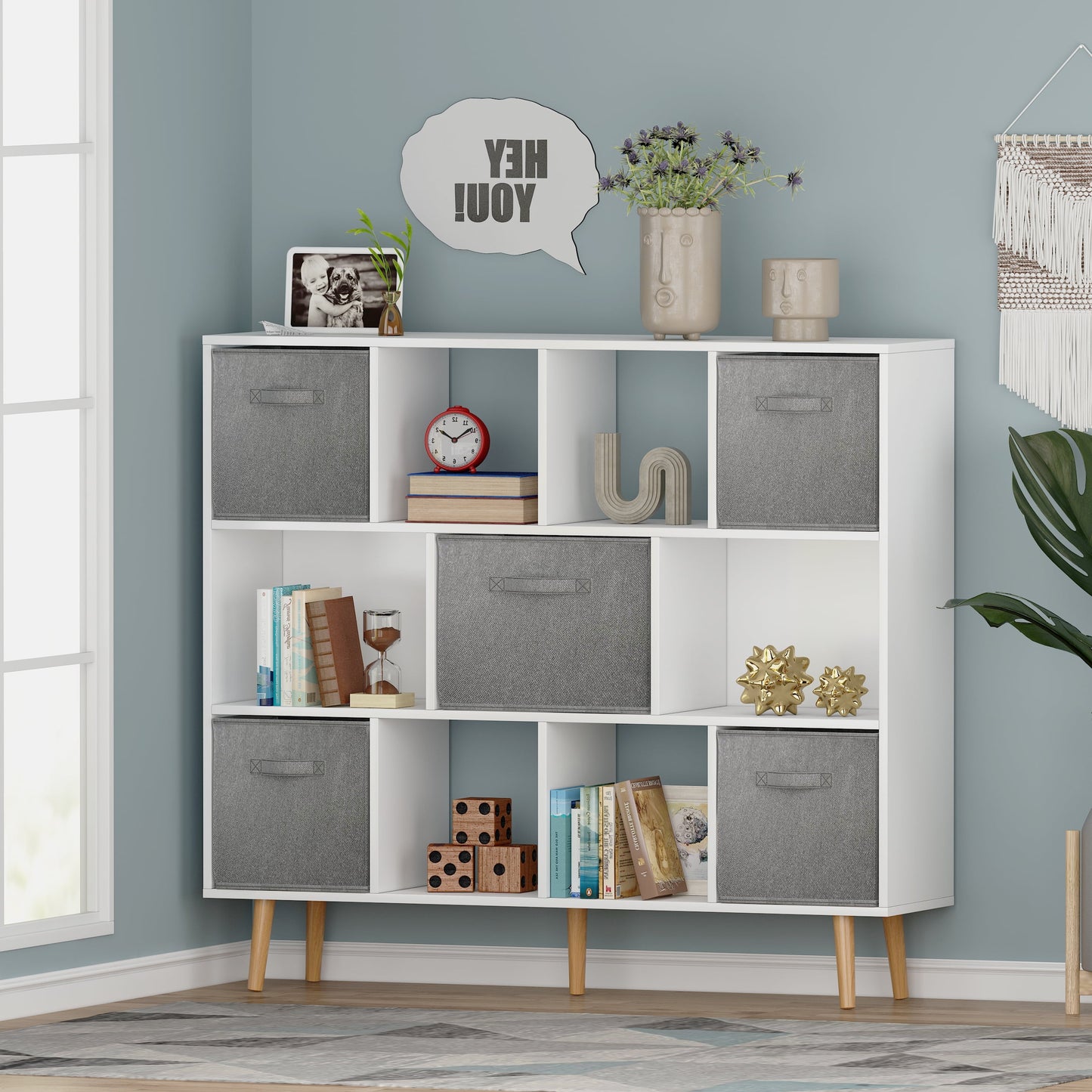 COOKCOK 11-Cube Storage Organizer, Bookshelf with Storage Bins, 4 Tier Freestanding Open Bookshelf with 5 Nonwoven Fabric Drawers,White