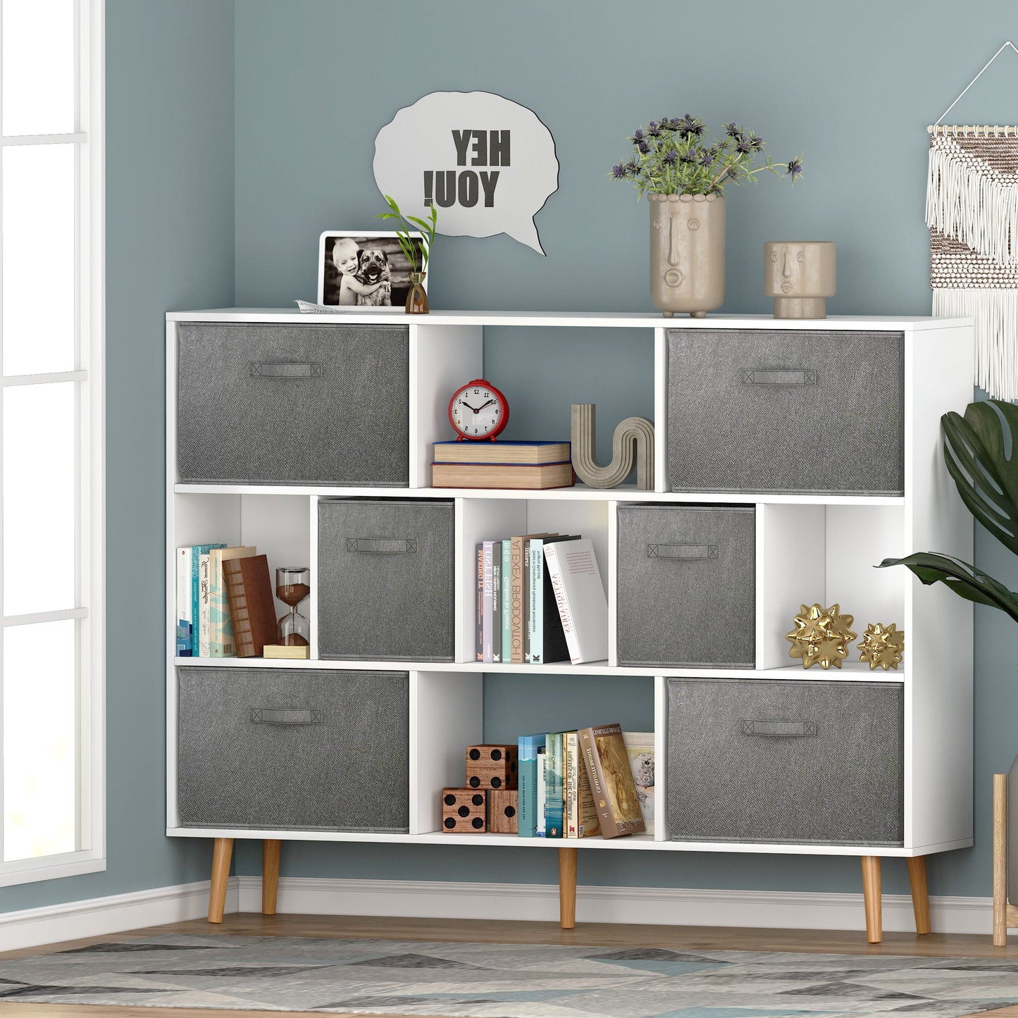 COOKCOK 11-Cube Storage Organizer, Bookshelf with Storage Bins, 4 Tier Freestanding Open Bookshelf with 6 Nonwoven Fabric Drawers,White