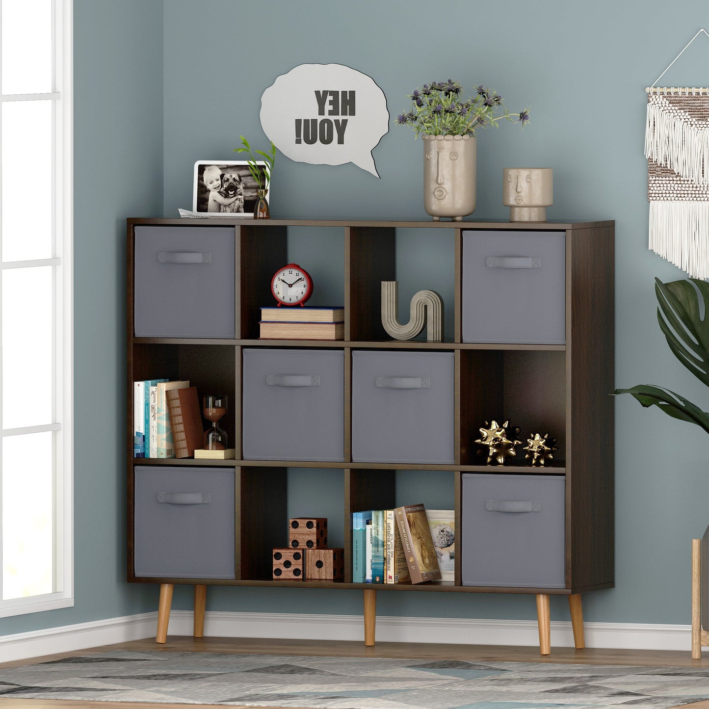 COOKCOK 12-Cube Storage Organizer, Bookshelf with Storage Bins, 4 Tier Freestanding Open Bookshelf with 6 Nonwoven Fabric Drawers,Brown