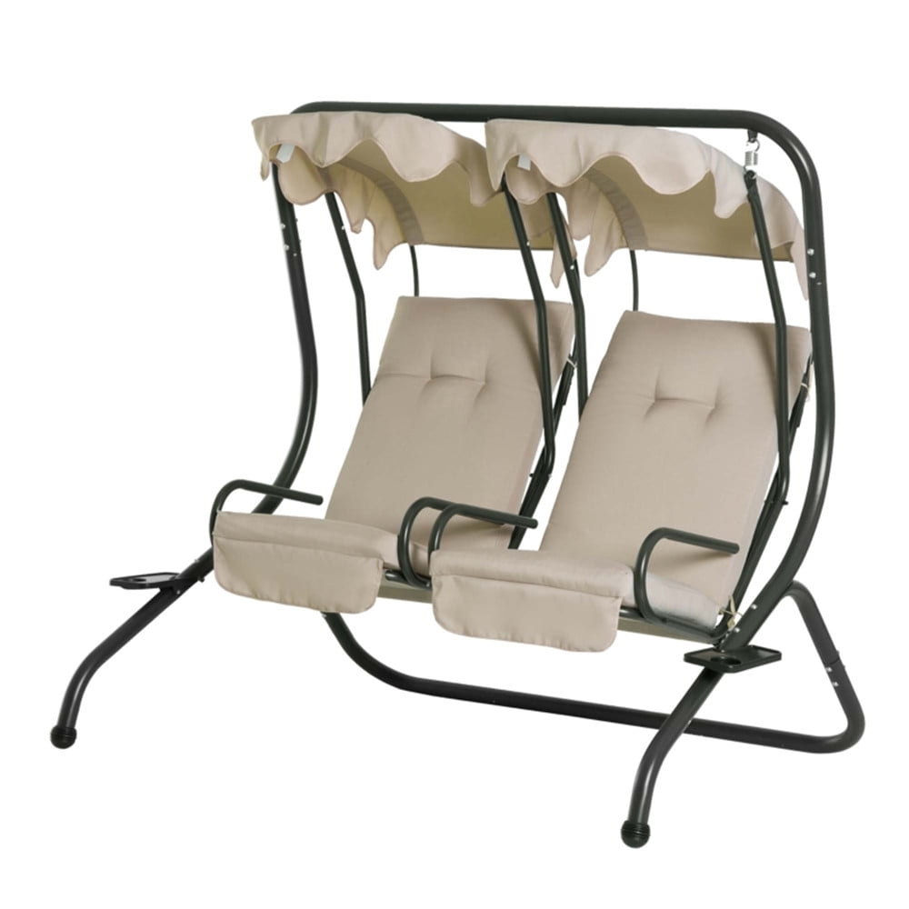 COOKCOK 2-Seat Porch Swing with Stand, Outdoor Swing Glider with Removable Canopy and Cup Holders for Porch, Garden, Backyard, 480 lbs Capacity, Beige