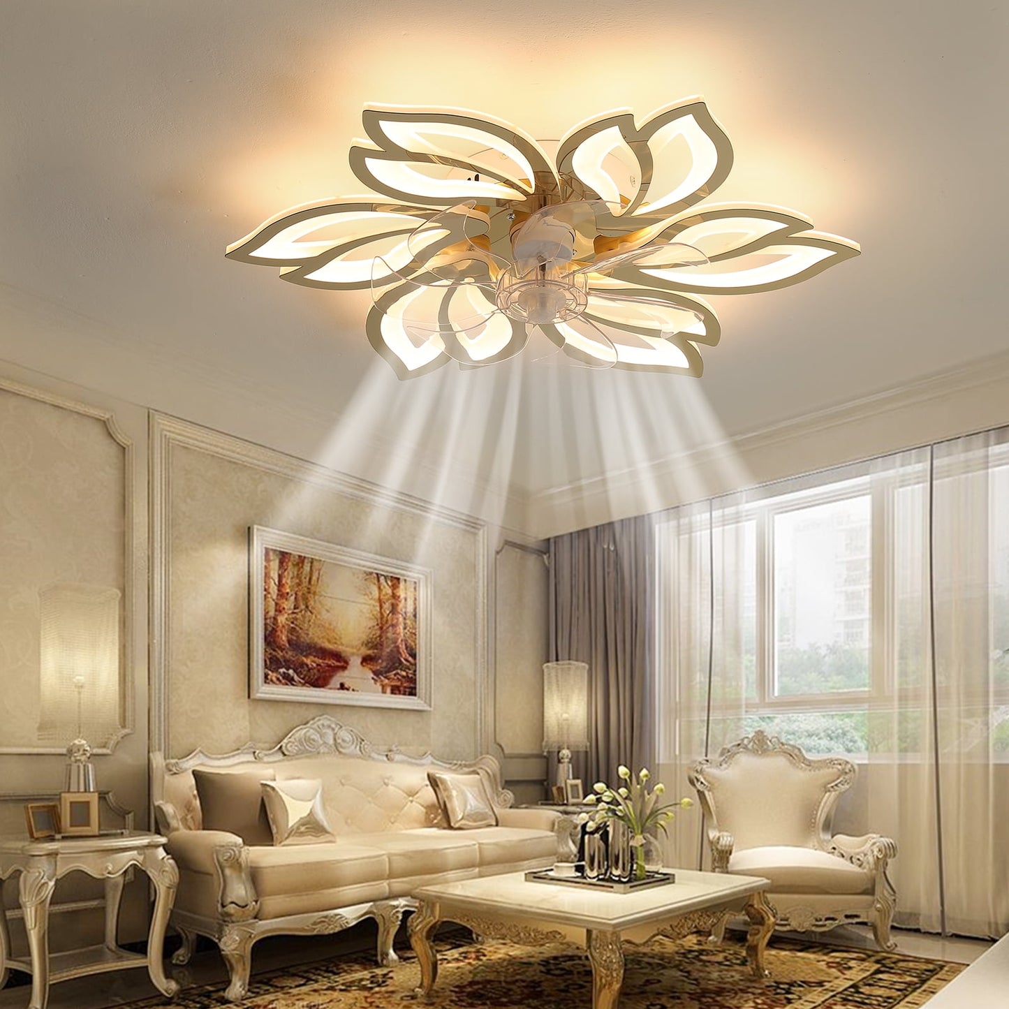 COOKCOK 25.5In Celling Fans with Lights, Flower Shape LED Ceiling Fan Lamp, 3 Color Dimming Timing 6 Wind Speed Fan Light with Remote
