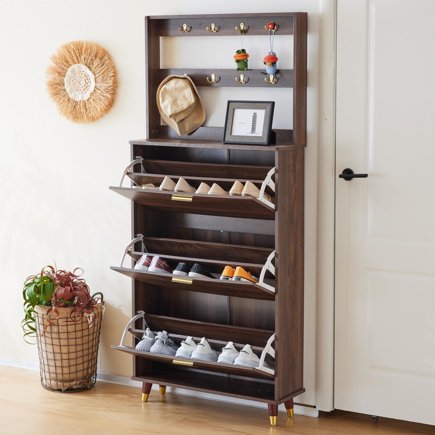 COOKCOK 3-Tier Flip Drawer Shoe Cabinets, Hat Coat Rack with Shoe Storage, Entryway Bedroom Armoire, Shoe Cabinet with Open Storage, Brown