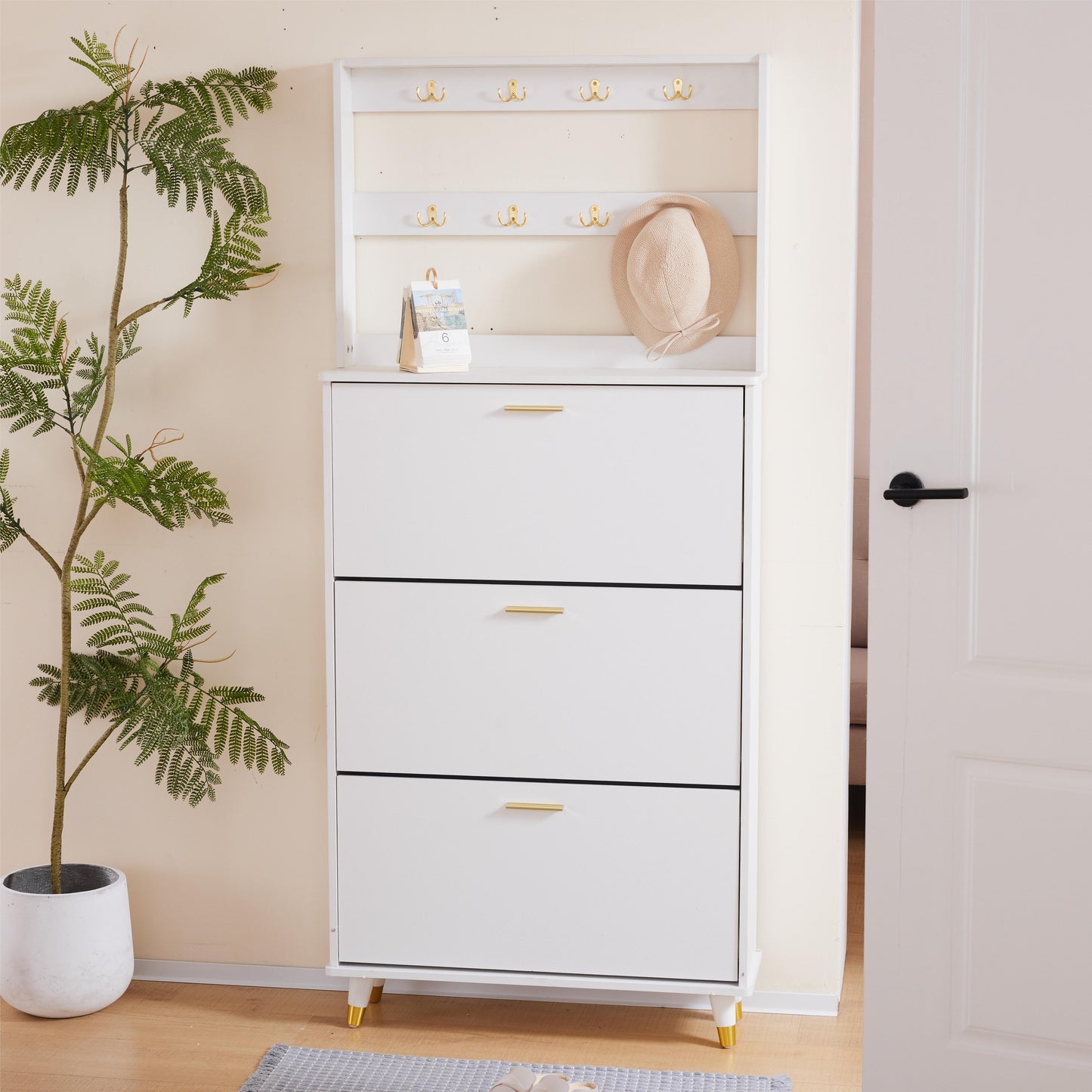 COOKCOK 3-Tier Flip Drawer Shoe Cabinets, Hat Coat Rack with Shoe Storage, Entryway Bedroom Armoire, Shoe Cabinet with Open Storage, White