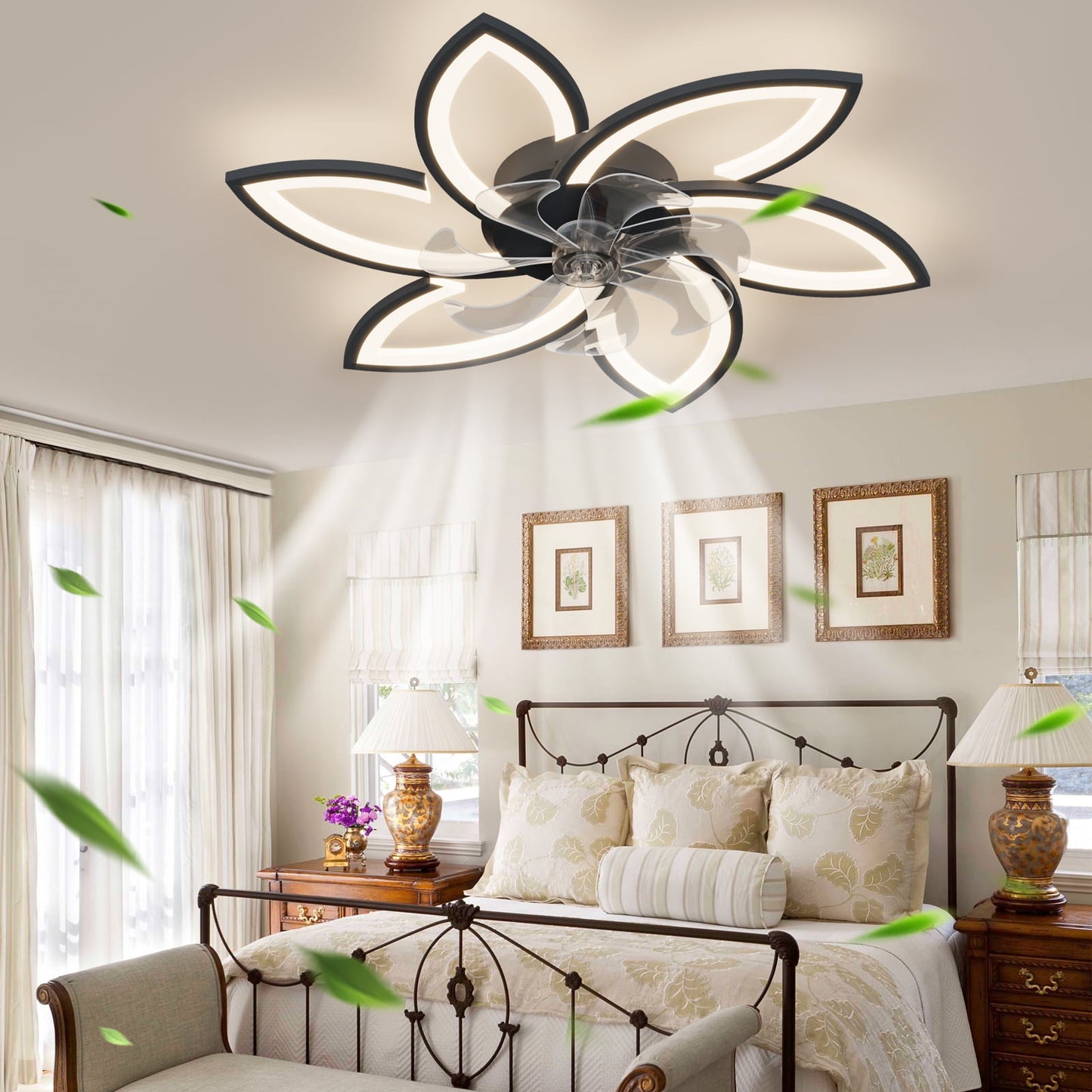 COOKCOK 30.7In Modern Low Profile Ceiling Fans with Dimmable Led Light, Flower Shape Ceiling Light Fan with Remote Control/app Control, Timing 6 Gear Speeds Fan Ceiling Lamp