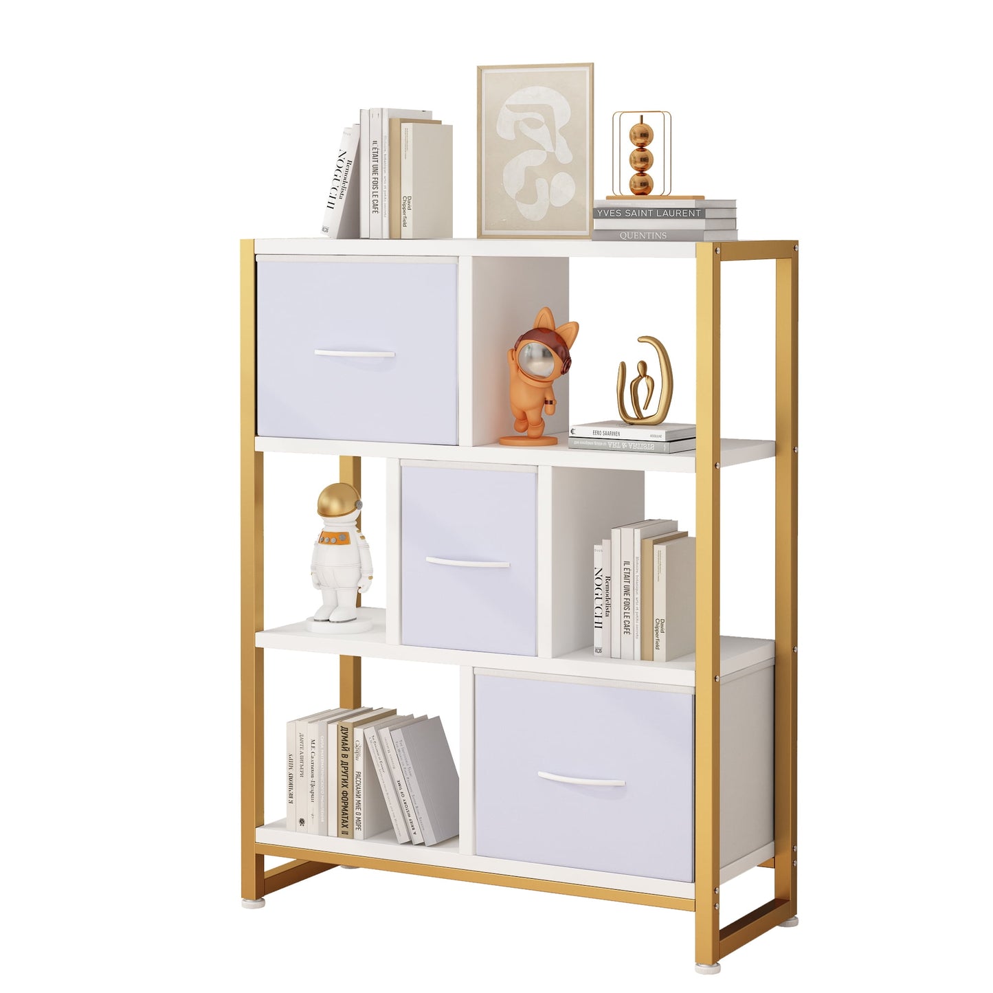 COOKCOK 4 Tier Bookshelf, 40.5'' Tall Bookcase with 3 Non-Woven Fabric Storage Drawers, Industrial Display Standing Shelf Unit in Iron Frame & Solid Wood for Bedroom, Living Room, Entryway, Brown