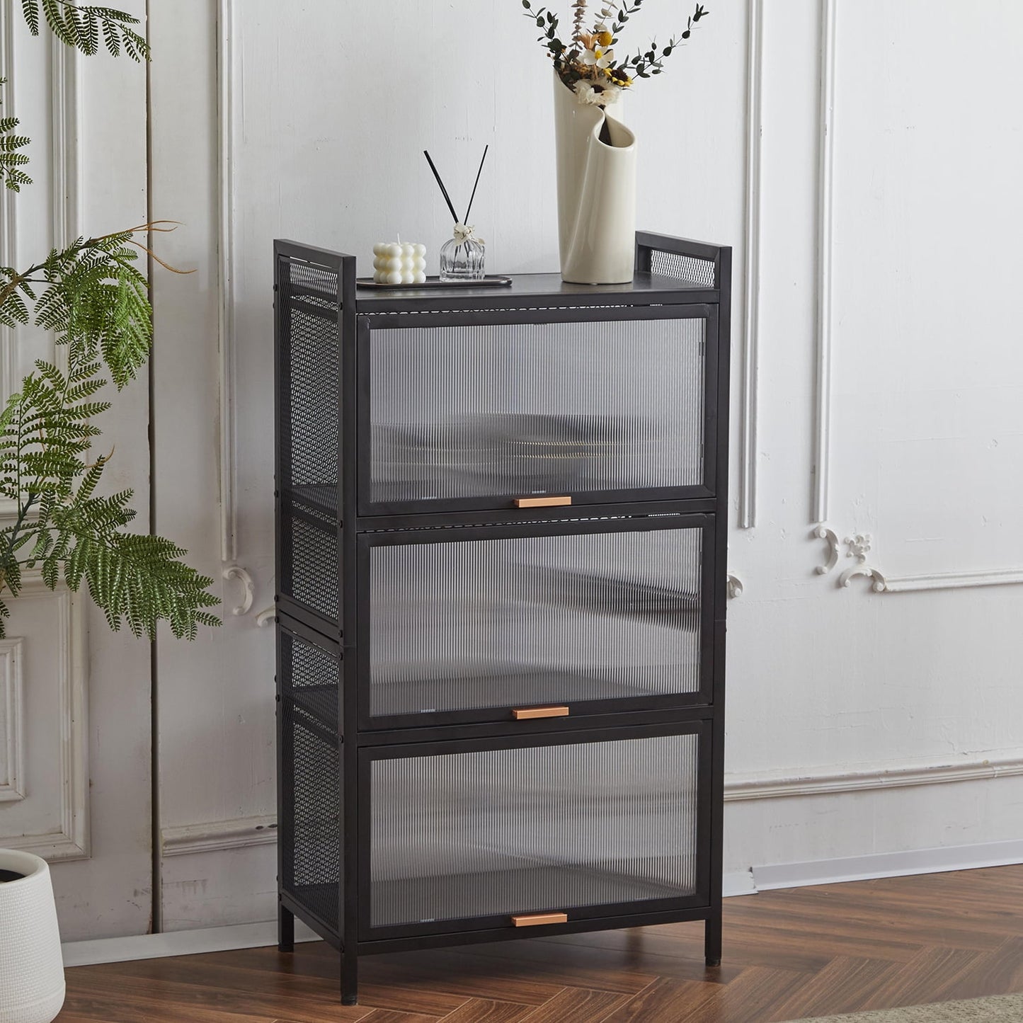 COOKCOK 4-Tier Storage Shelf, Kitchen Storage Cabinet with Flip-up PC Doors, Mobile Microwave Stand, Freestanding Kitchen Bakers Rack with 4 Rolling Casters, 23.62"x12.59"x42.91", Black