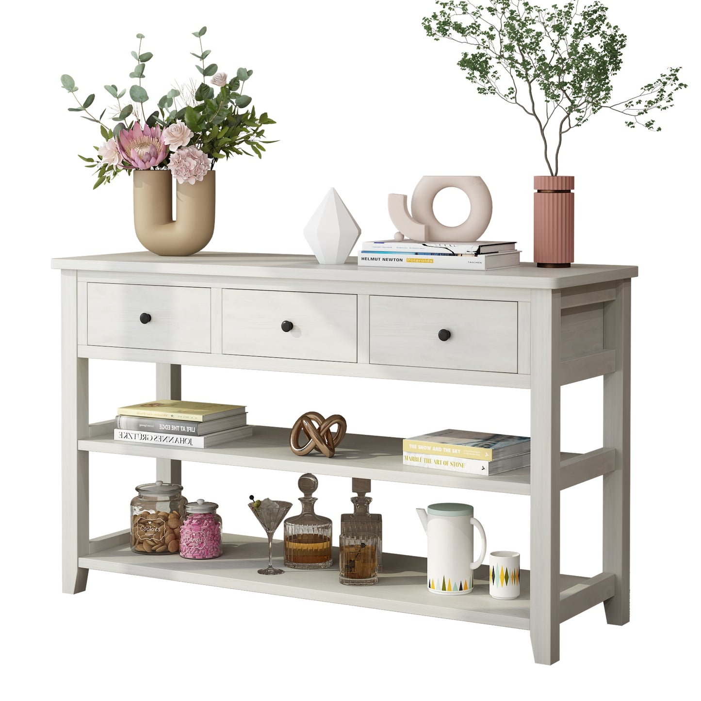 COOKCOK 47" Entryway Table, Console Table with 3 Drawers, Sofa Table Narrow Long with Storage Shelves for Living Room, Couch, Hallway, Foyer, Kitchen Counter, White