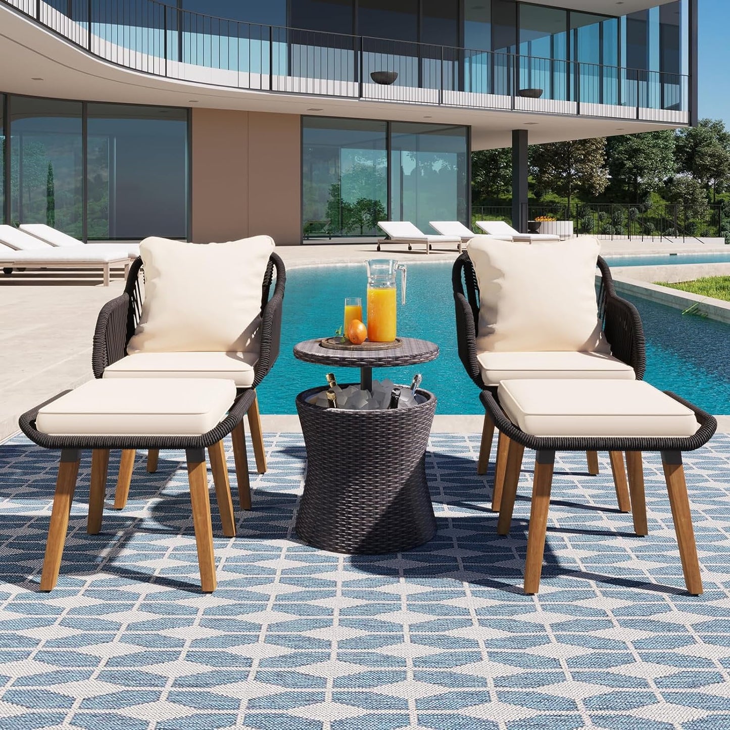 COOKCOK 5 Pieces Patio Furniture Chair Sets, Balcony Furniture Sets with Wicker Cool Bar Table, Wicker Chairs with Ottomans, Outdoor Chairs Set for Backyard, Balcony, Poolside, Brown