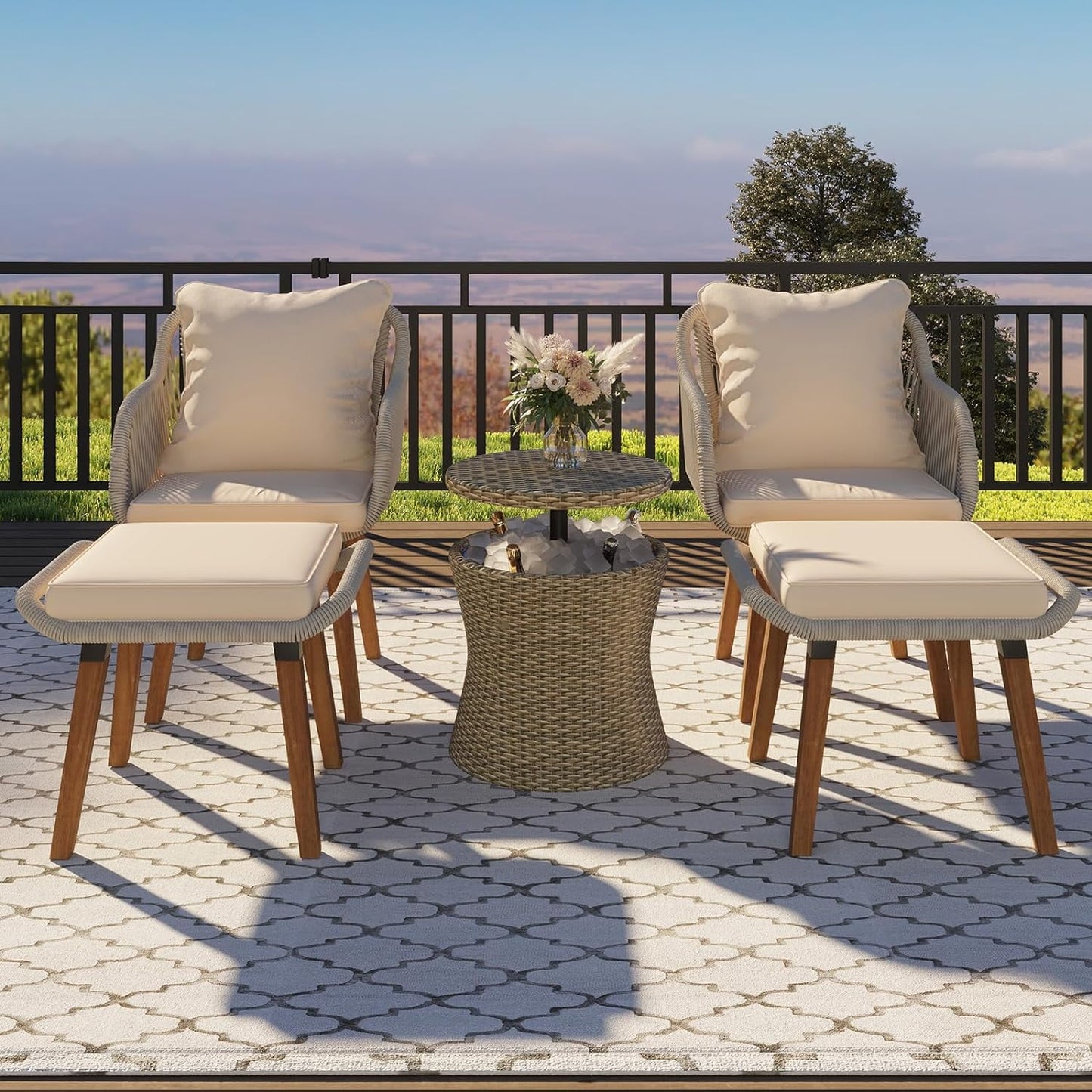 COOKCOK 5 Pieces Patio Furniture Chair Sets, Balcony Furniture Sets with Wicker Cool Bar Table, Wicker Chairs with Ottomans, Outdoor Chairs Set for Backyard, Balcony, Poolside, Brown