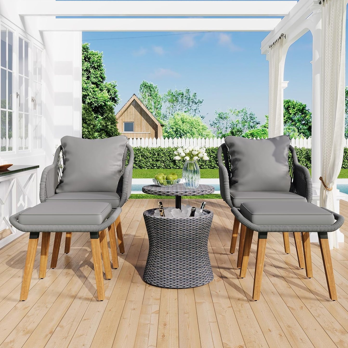 COOKCOK 5 Pieces Patio Furniture Chair Sets, Balcony Furniture Sets with Wicker Cool Bar Table, Wicker Chairs with Ottomans, Outdoor Chairs Set for Backyard, Balcony, Poolside, Brown