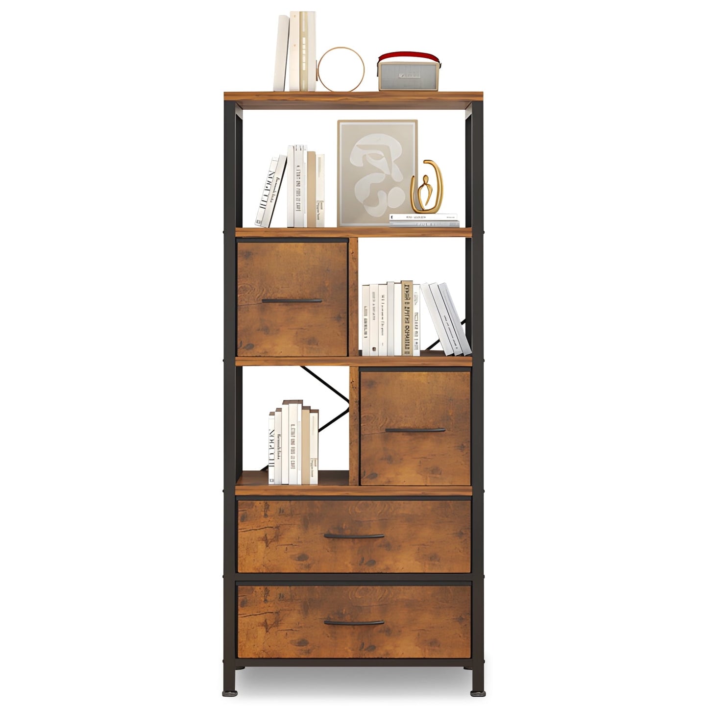 COOKCOK 5 Tier Bookshelf, Bookcase with 4 Drawers Shelves, Tall Book Shelf Book Case for Home & Office, Rustic Brown