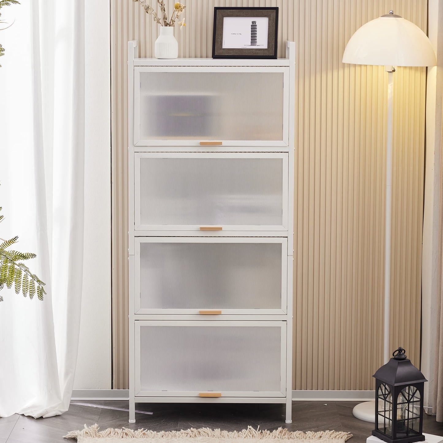 COOKCOK 5-Tier Storage Shelf, Kitchen Storage Cabinet with Flip-up PC Doors, Mobile Microwave Stand, Freestanding Kitchen Bakers Rack with 4 Rolling Casters, 23.62"x12.59"x55.51", White