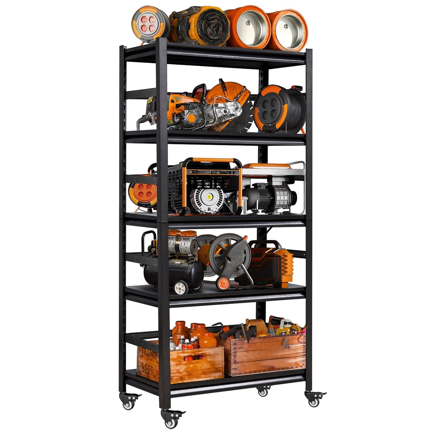 COOKCOK 4-Tier Storage Shelving Unit, Heavy Duty Metal Shelf with Wheels, 31.5"x15.7"x63", Adjustable Garage Shelves, Load 2000LBS, Kitchen Shelf with Protective Side
