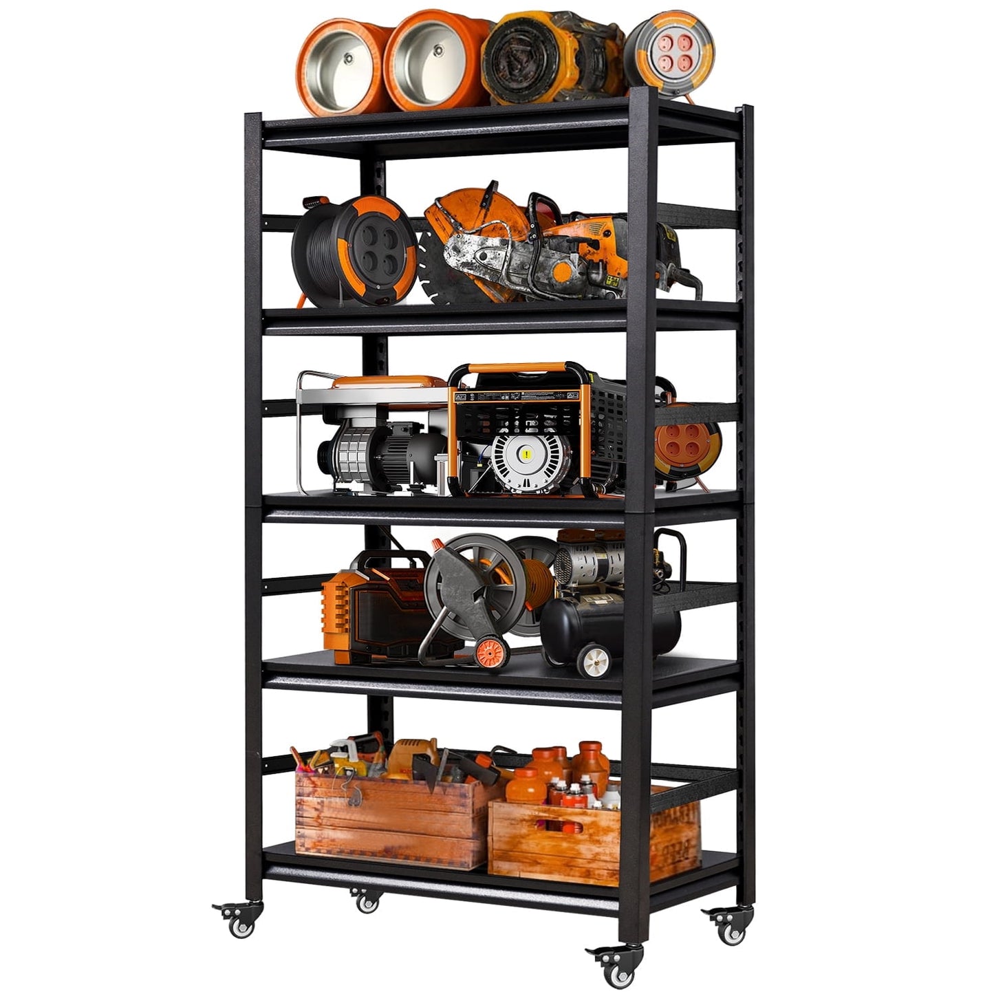 COOKCOK 4-Tier Storage Shelving Unit, Metal Shelf with Wheels, 39.4"x15.8"x 50", Adjustable Garage Storage Shelf, Load Up to 1600LBS, Kitchen Shelf with Protective Side