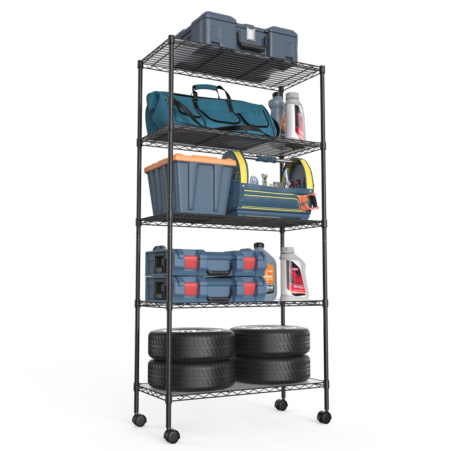 COOKCOK 5-Tier Wire Shelving Unit, Heavy Duty Metal Storage Shelves, 30" x 14" x 60" Height Adjustable Garage Shelf with PE Mat, 220lbs Capacity, NSF Wire Rack with Wheels, Chrome