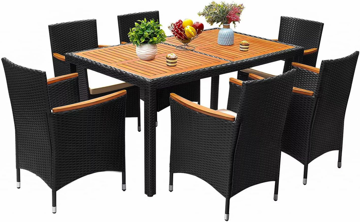 COOKCOK 7 Piece Patio Dining Set, Outdoor Acacia Wood Table & Chairs with Soft Cushion, Garden, Black