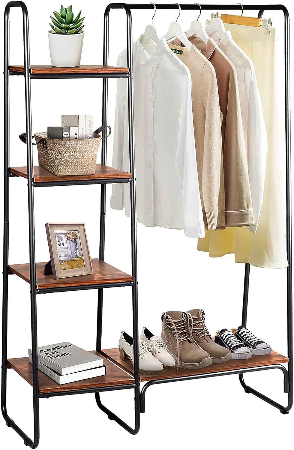 COOKCOK Clothing Rack Garment Rack with Shelves Wardrobe Rack Freestanding Closet Racks with Metal Hanger Rod and 4-Tier Wood Shelves Heavy Duty Clothes Rack for Bedroom Living Room Entryway, Brown