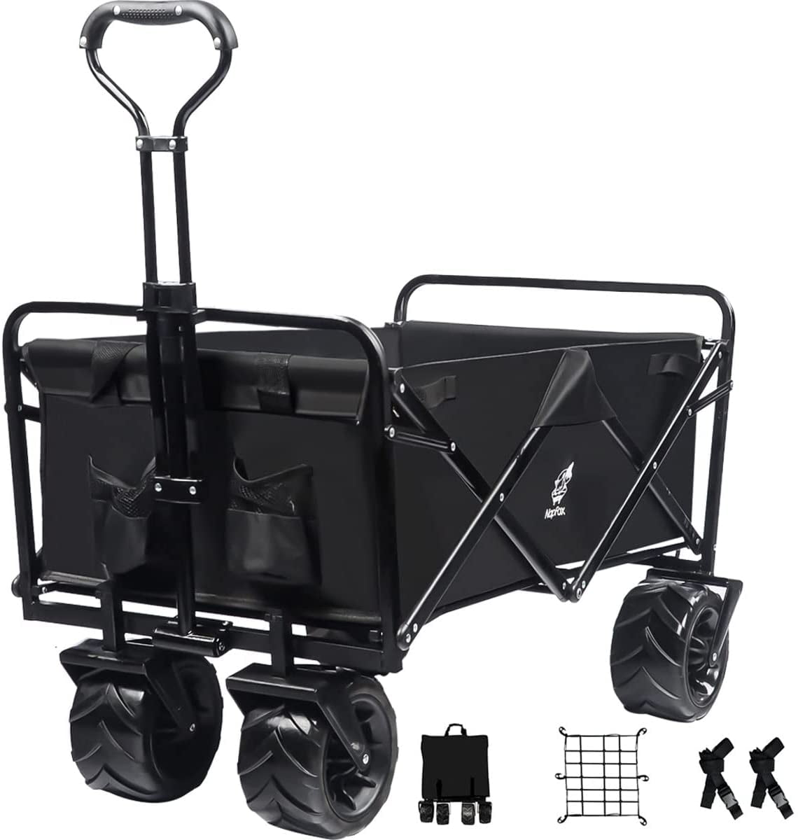 COOKCOK Collapsible Heavy Duty Beach Wagon Cart, Outdoor Folding Utility Cart with Universal Wheels, Adjustable Handle, Cargo net & Wagon Straps for Shopping, Camping, Blue
