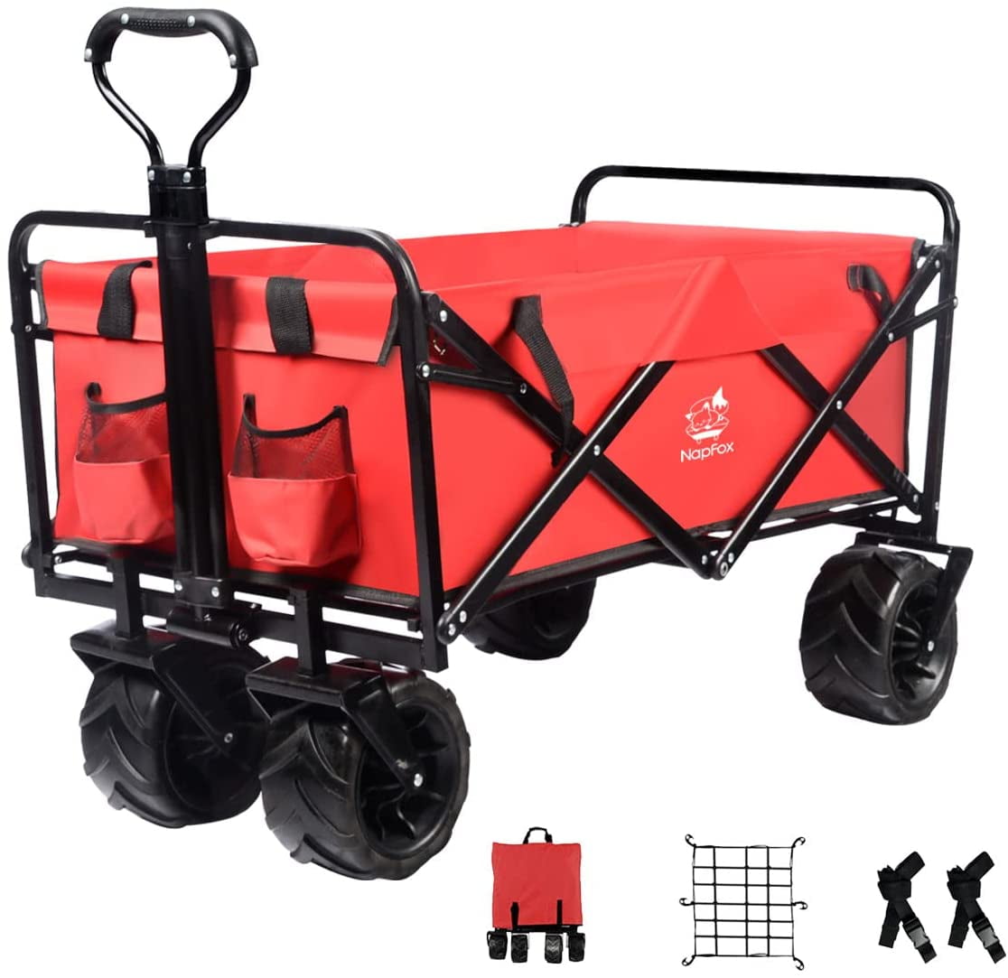 COOKCOK Collapsible Heavy Duty Beach Wagon Cart, Outdoor Folding Utility Cart with Universal Wheels, Adjustable Handle, Cargo net & Wagon Straps for Shopping, Camping, Blue